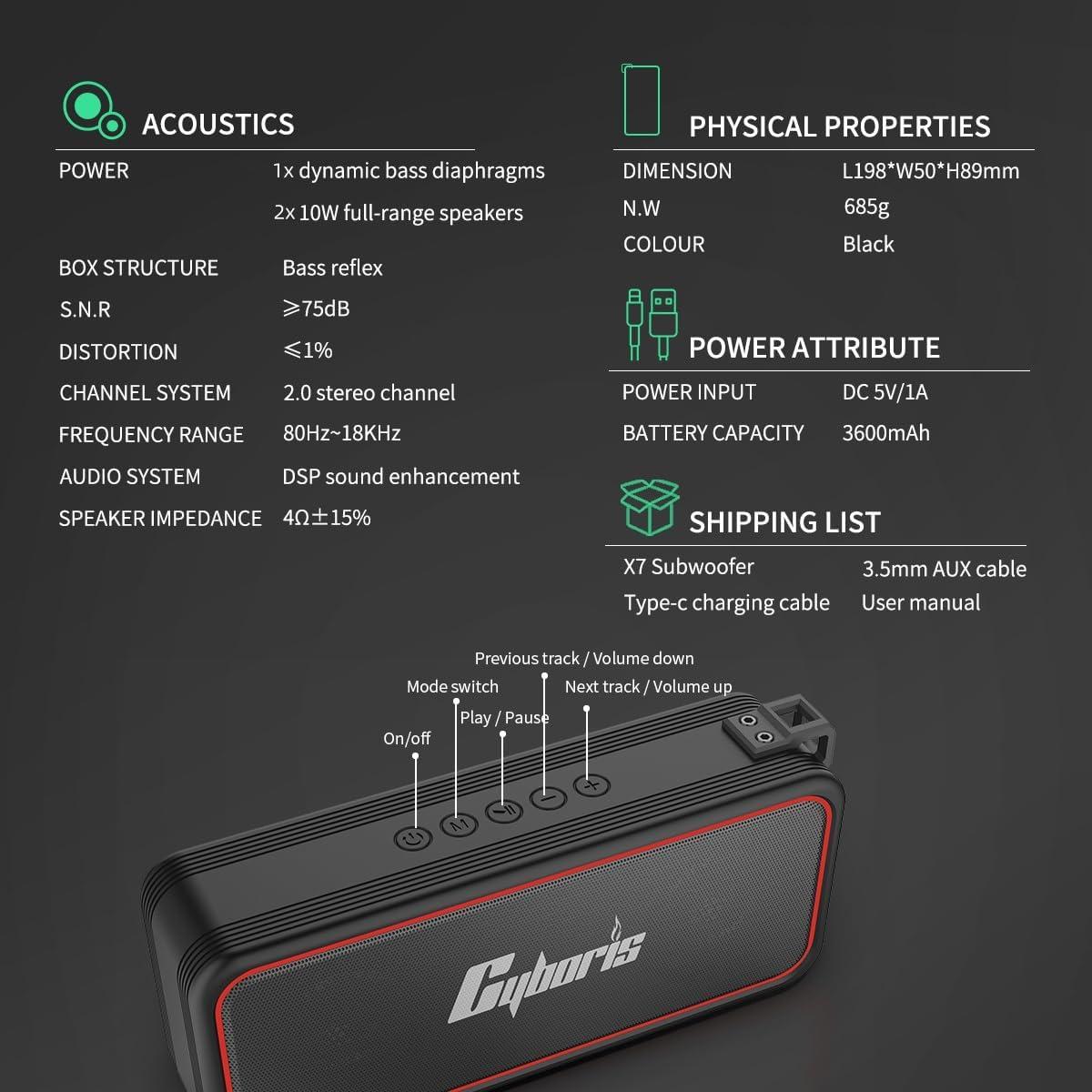 Altavoz Bluetooth Portátil CYBORIS X7 20W Impermeable IPX7