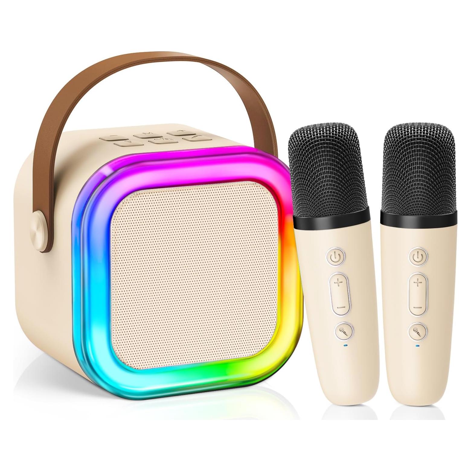 Mini Máquina de Karaoke CscyyAmz Beige con 2 Micrófonos Inalámbricos