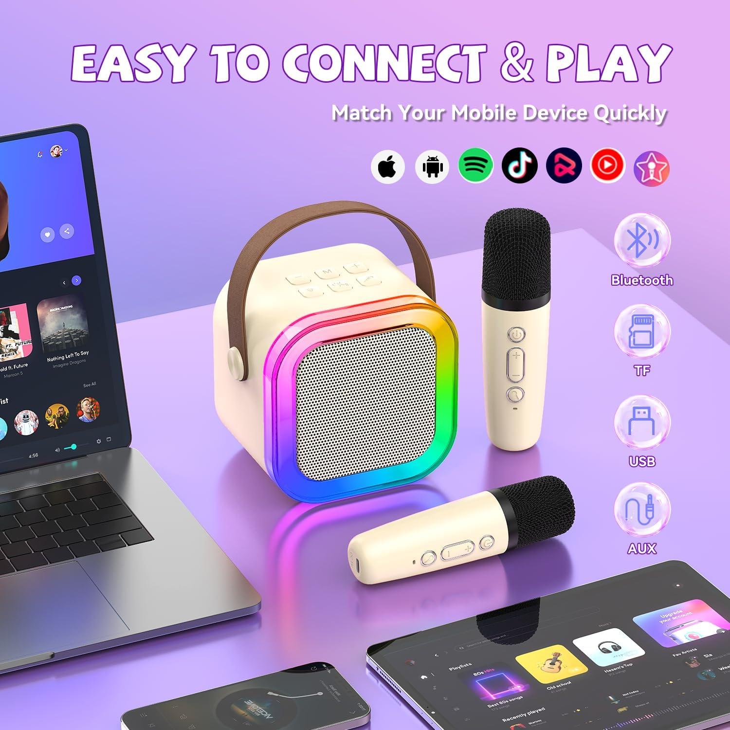 Mini Máquina de Karaoke CscyyAmz Beige con 2 Micrófonos Inalámbricos