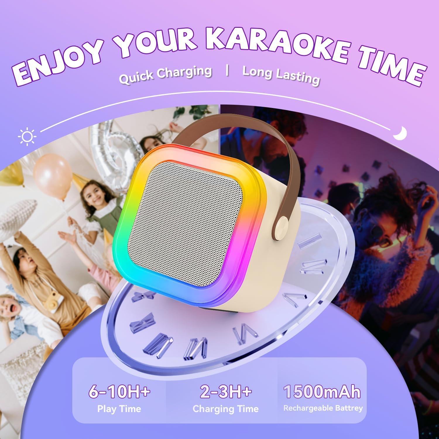 Mini Máquina de Karaoke CscyyAmz Beige con 2 Micrófonos Inalámbricos