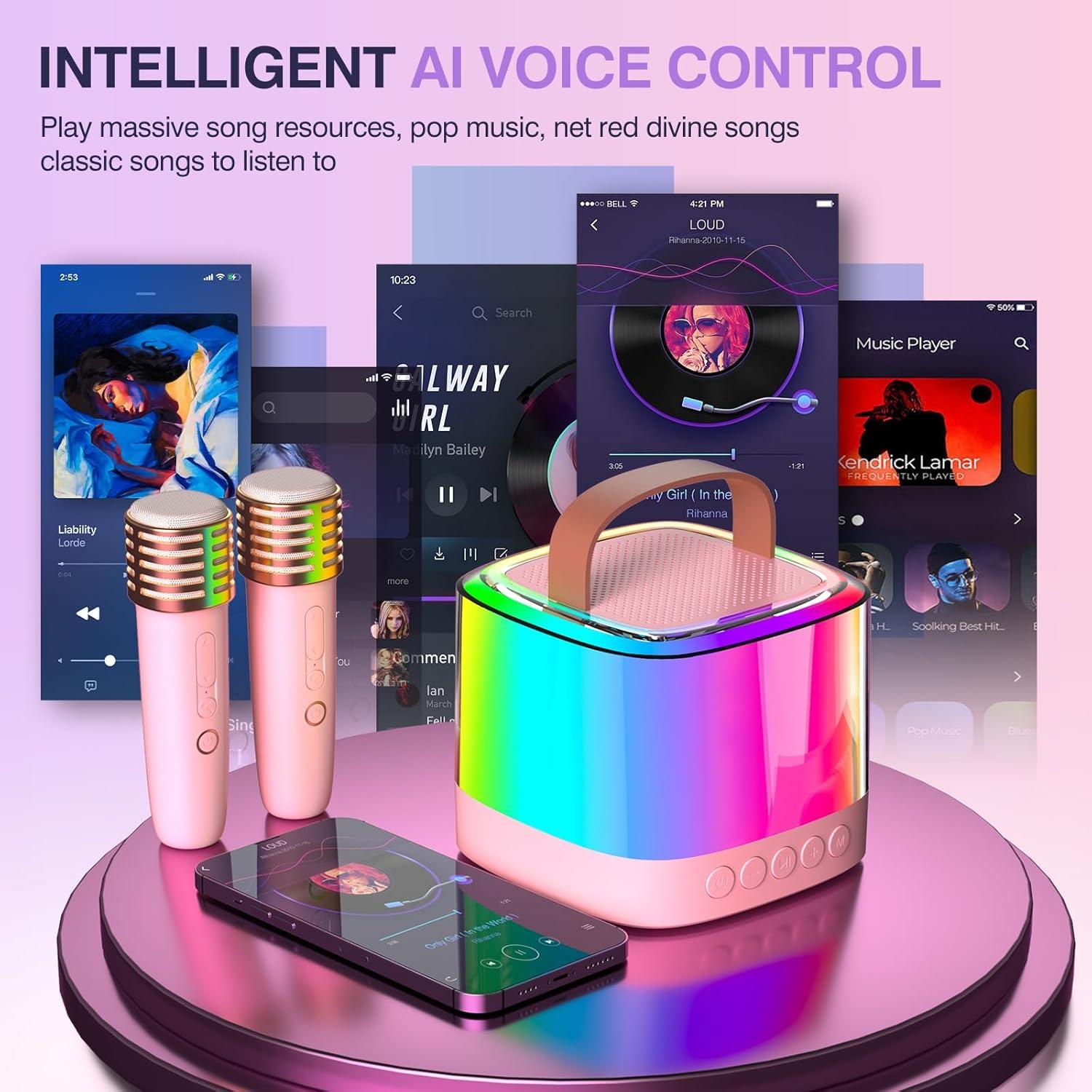 Mini Máquina de Karaoke Rosa Q21 con 2 Micrófonos Inalámbricos