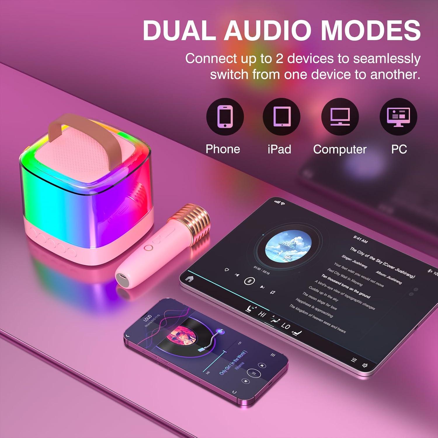 Mini Máquina de Karaoke Rosa Q21 con 2 Micrófonos Inalámbricos