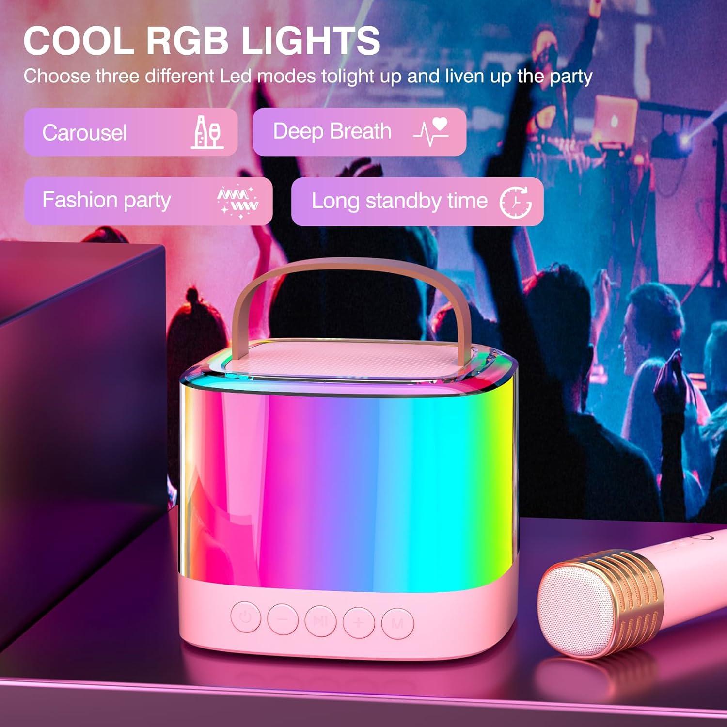 Mini Máquina de Karaoke Rosa Q21 con 2 Micrófonos Inalámbricos