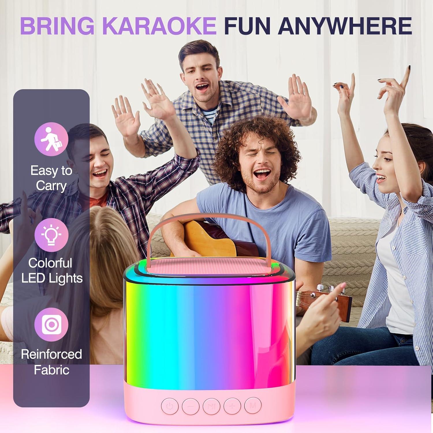 Mini Máquina de Karaoke Rosa Q21 con 2 Micrófonos Inalámbricos