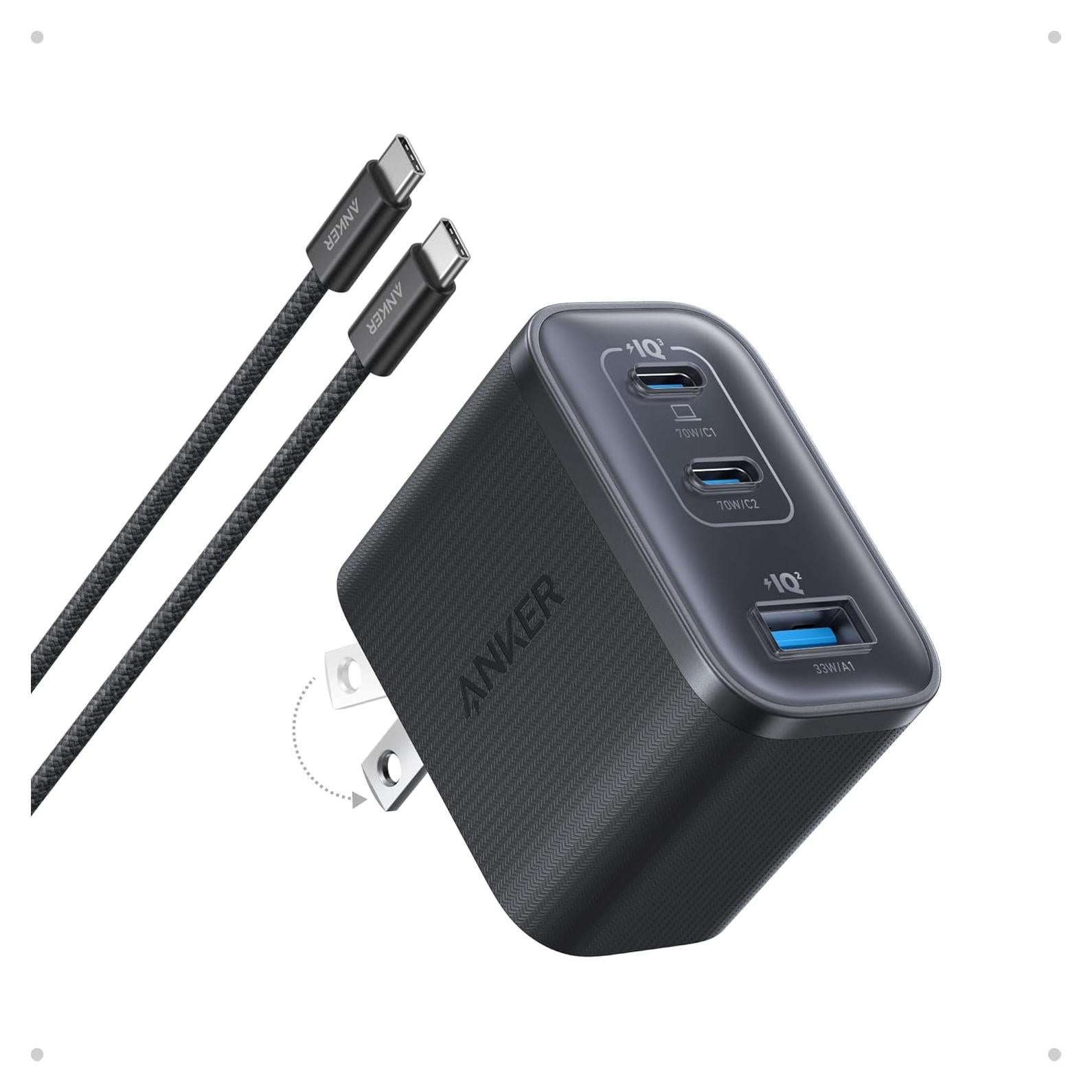 Cargador Anker Nano 70W USB-C 3 Puertos Compacto Negro