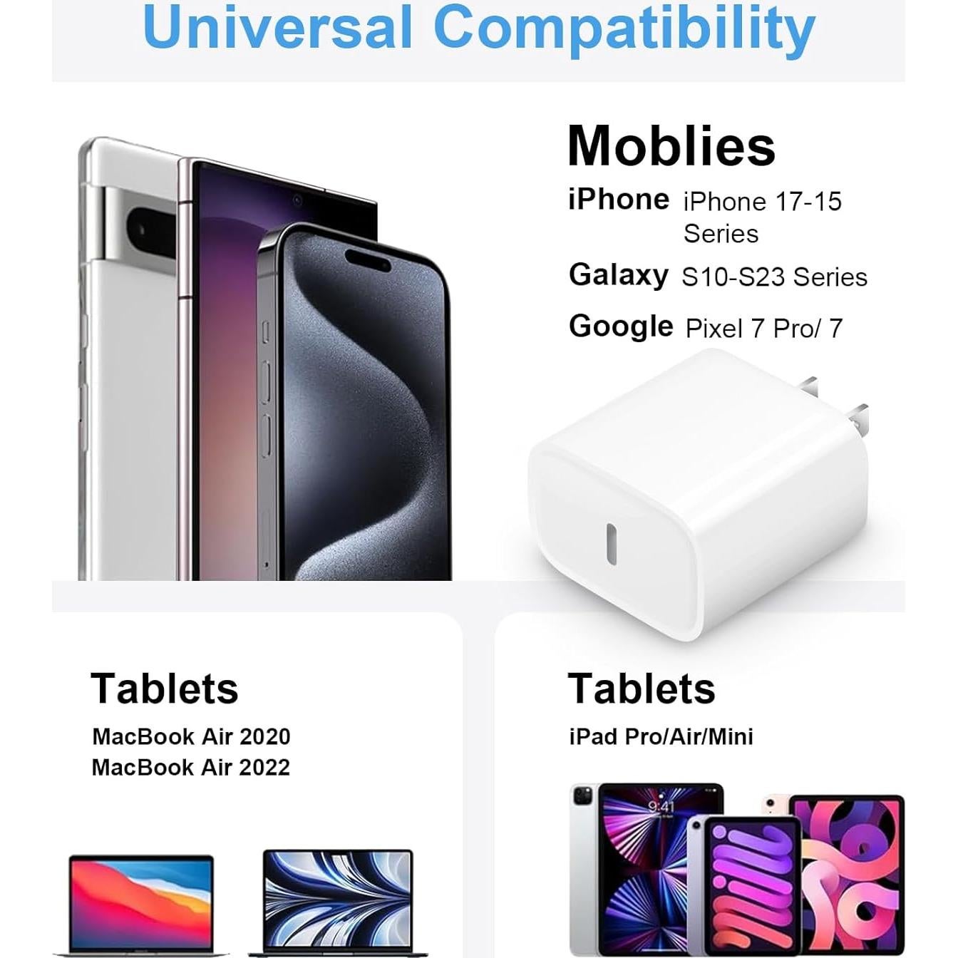 Cargador Rápido USB C 20W 3 Pack para iPhone 17/16/15