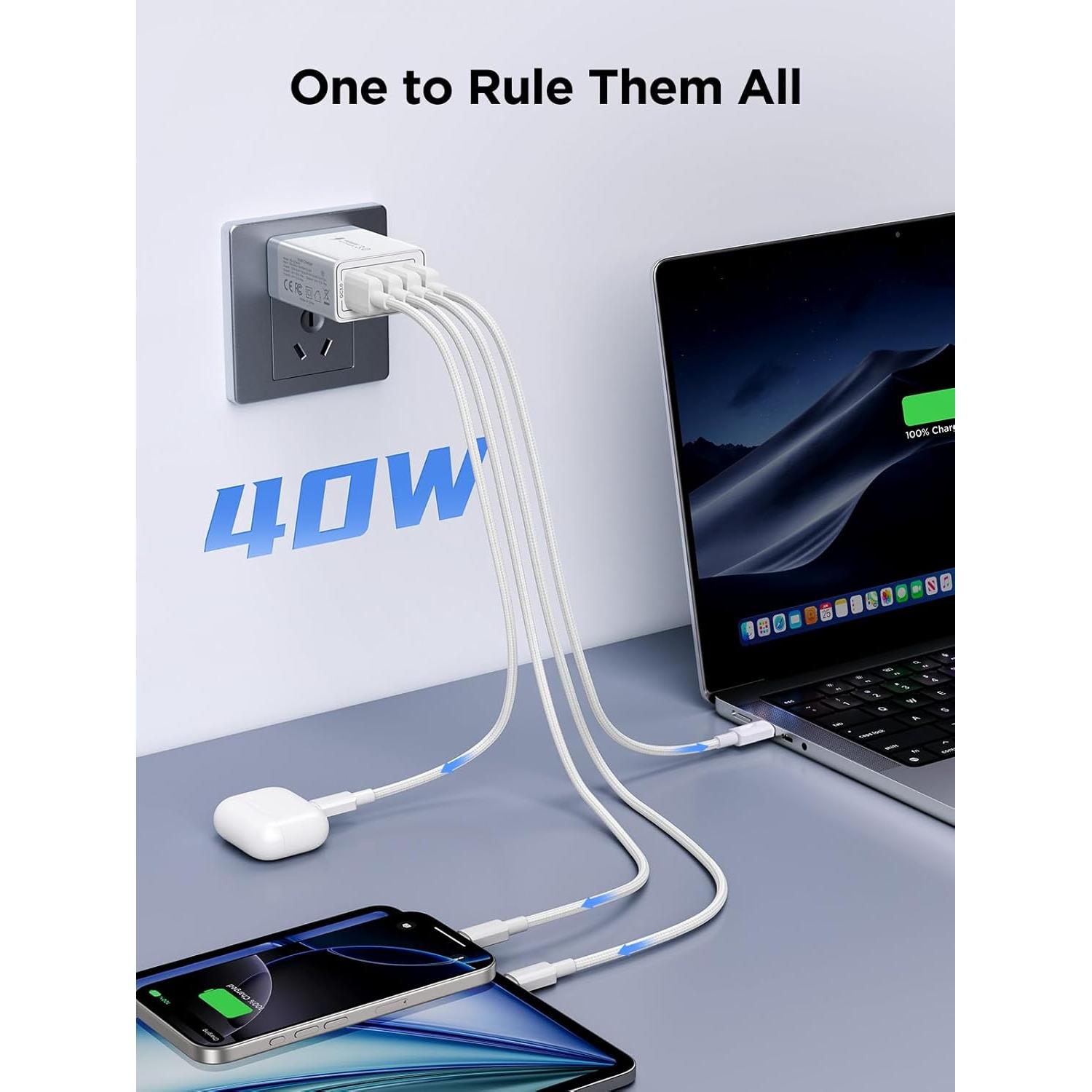 Cargador de Pared USB Aioneus 40W 4 Puertos para iPhone y Android