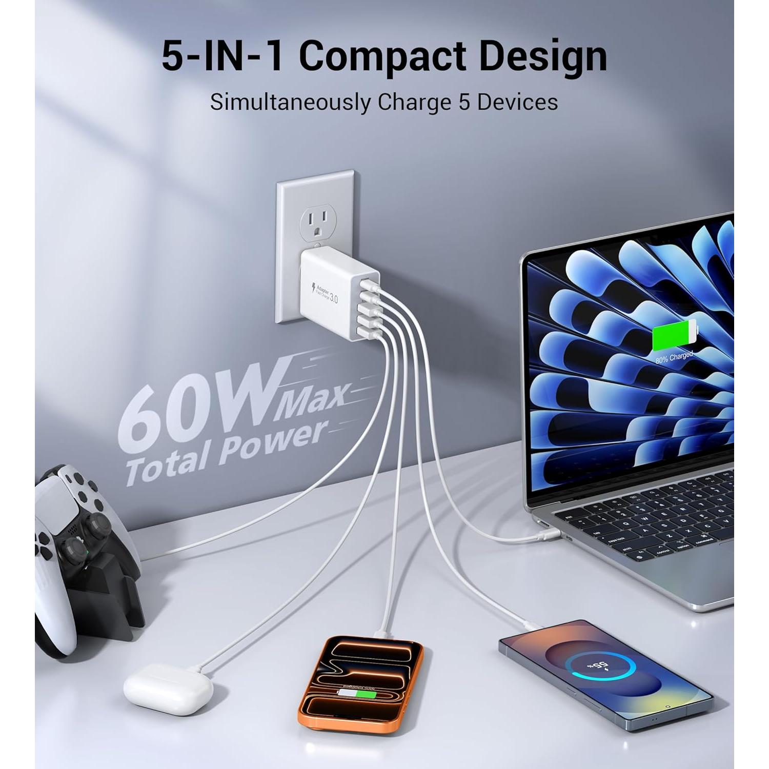 Cargador Rápido USB-C 60W Dulums, Paquete de 2, 5 Puertos