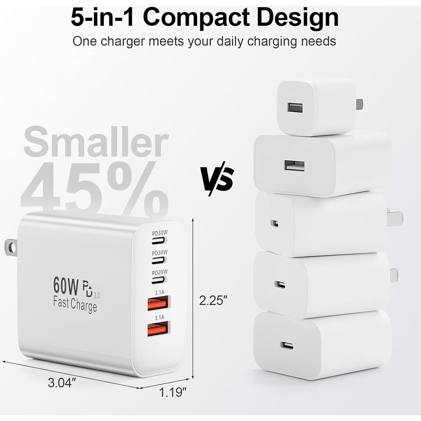 Cargador USB C 60W 5 Puertos Rápido Blanco - Shenzhen Xihuida