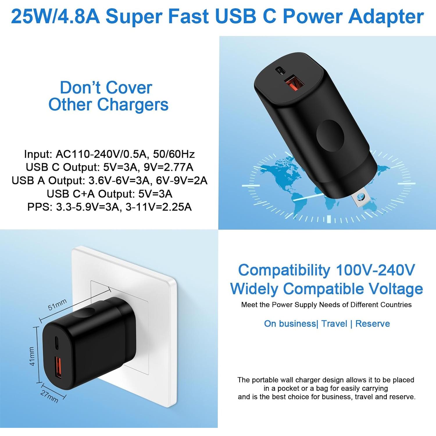 Cargador Rápido 25W USB C y A Dual para Samsung y iPhone