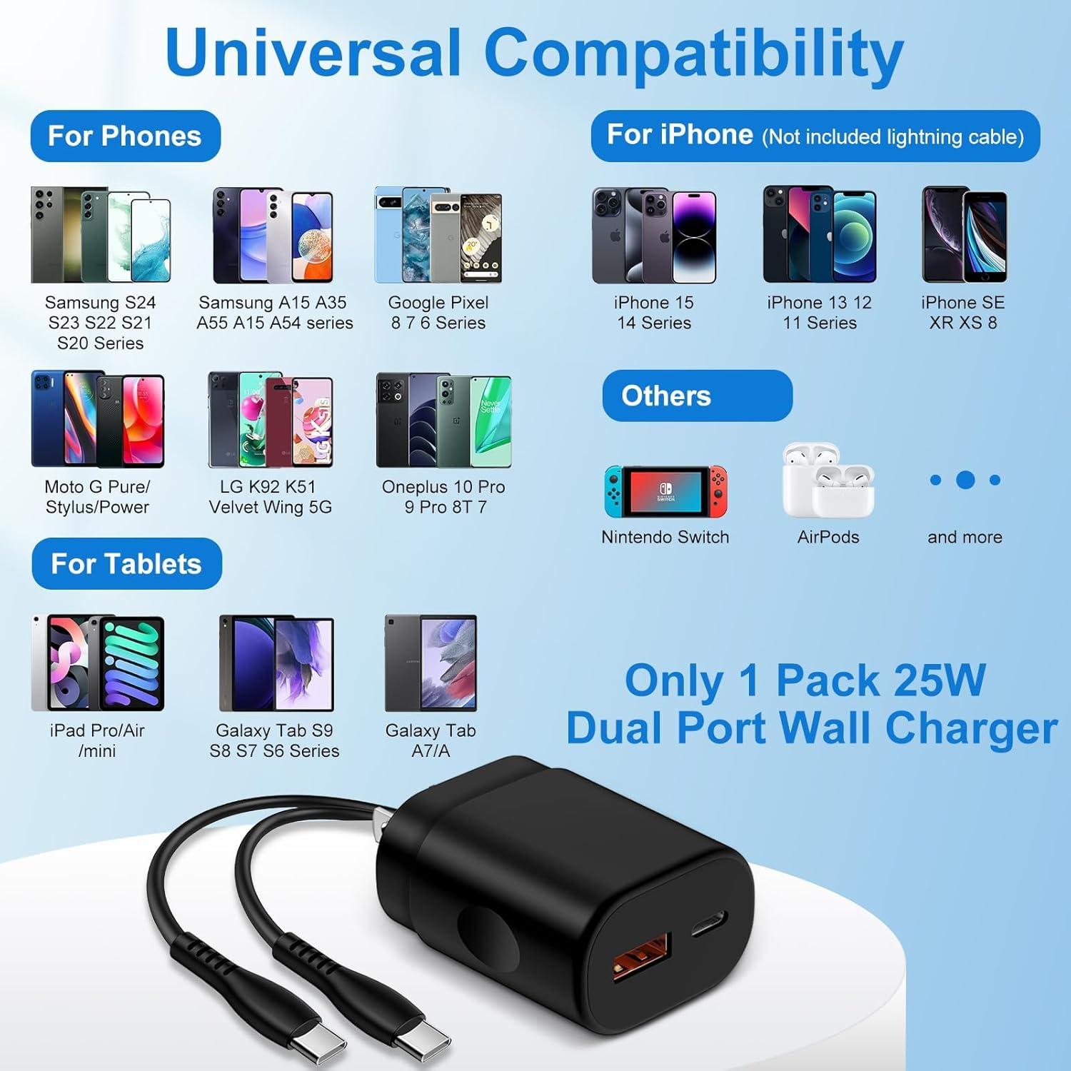 Cargador Rápido 25W USB C y A Dual para Samsung y iPhone