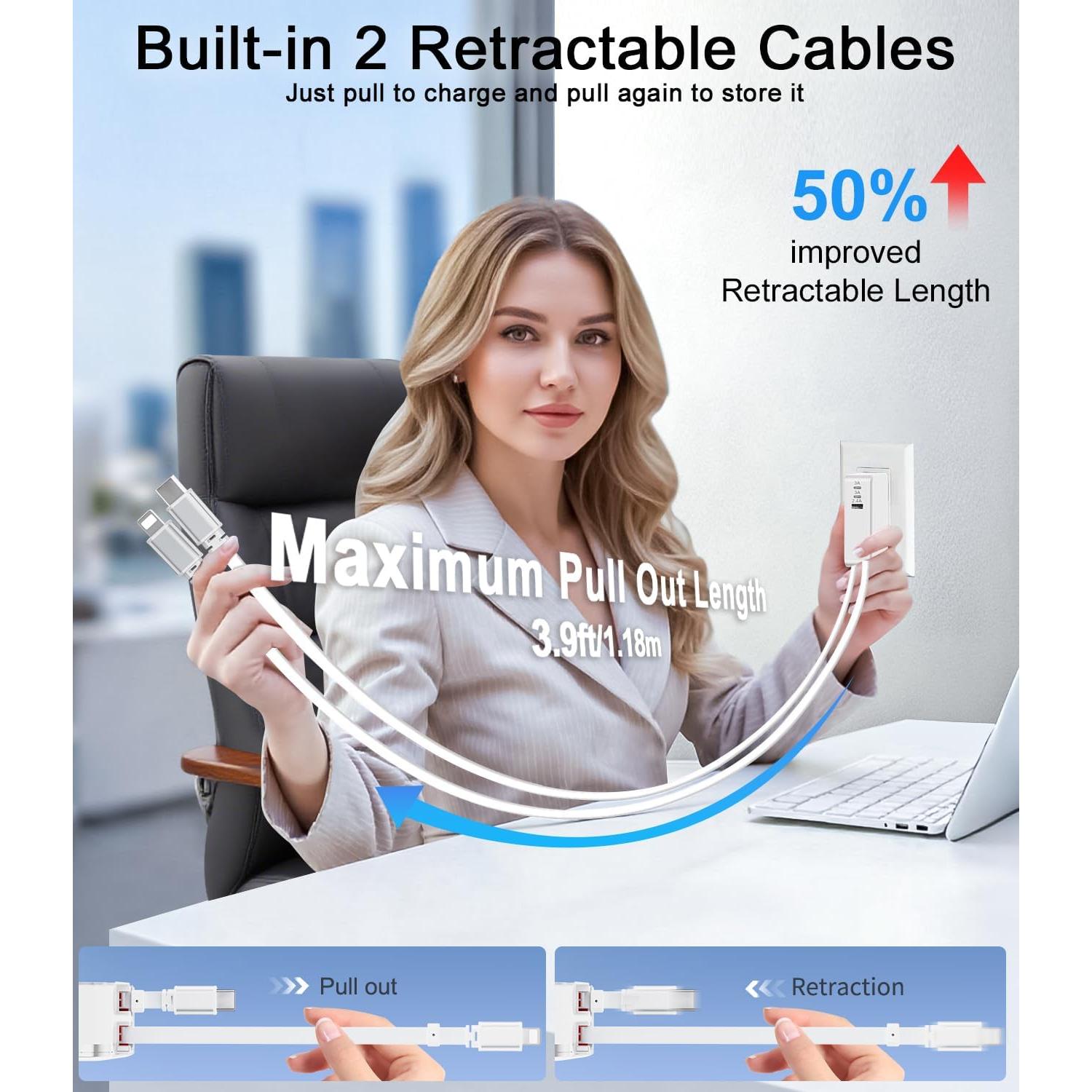 Cargador USB C Retráctil 65W 5 en 1 con Cables 1.18m