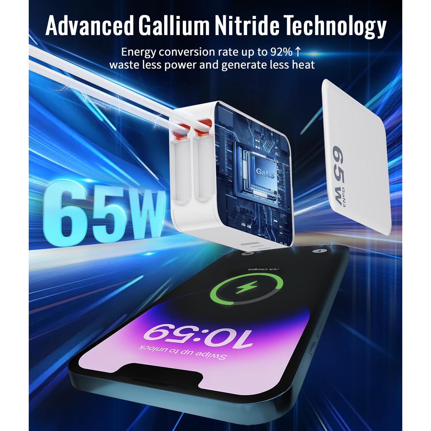 Cargador USB C Retráctil 65W 5 en 1 con Cables 1.18m