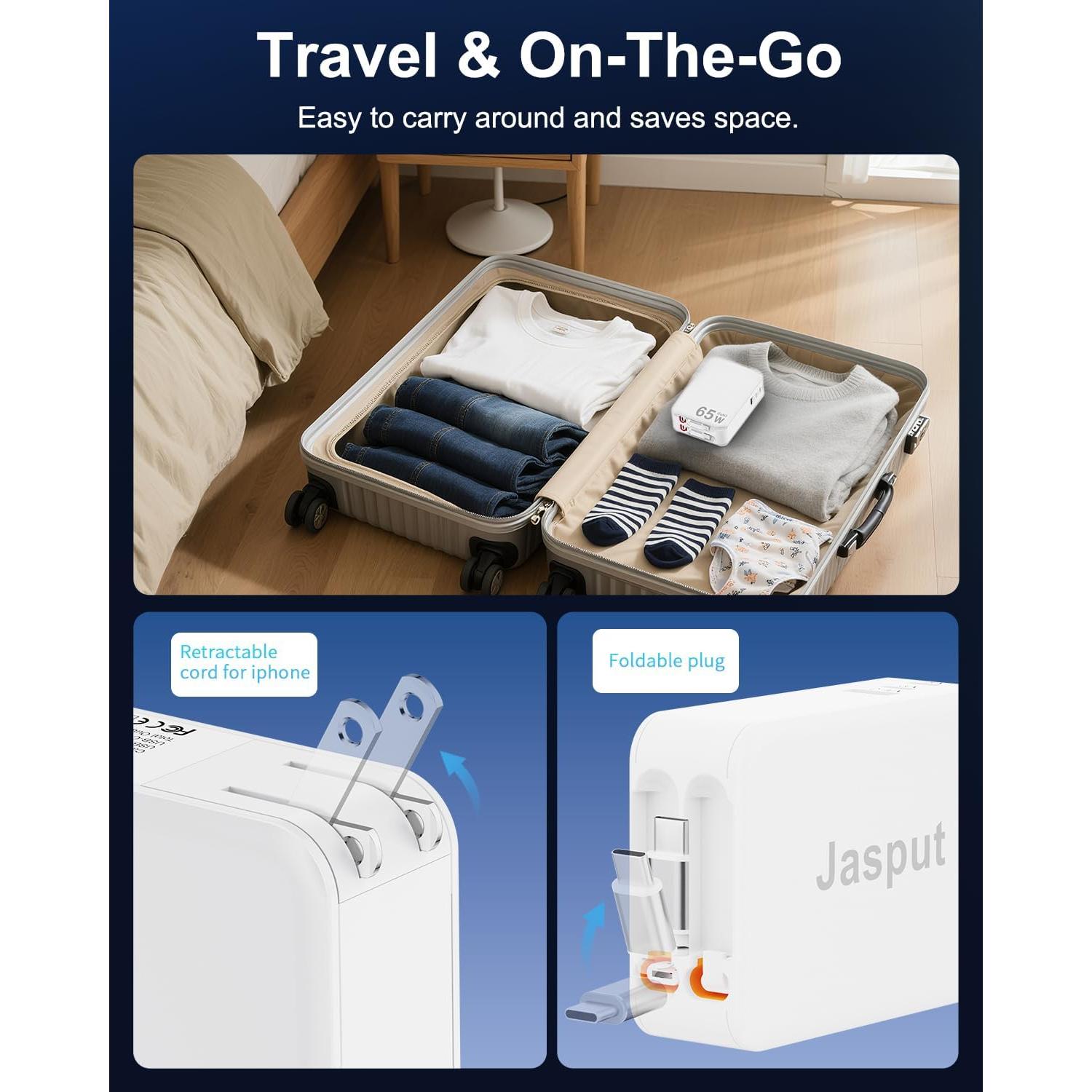 Cargador USB C Retráctil 65W 5 en 1 con Cables 1.18m