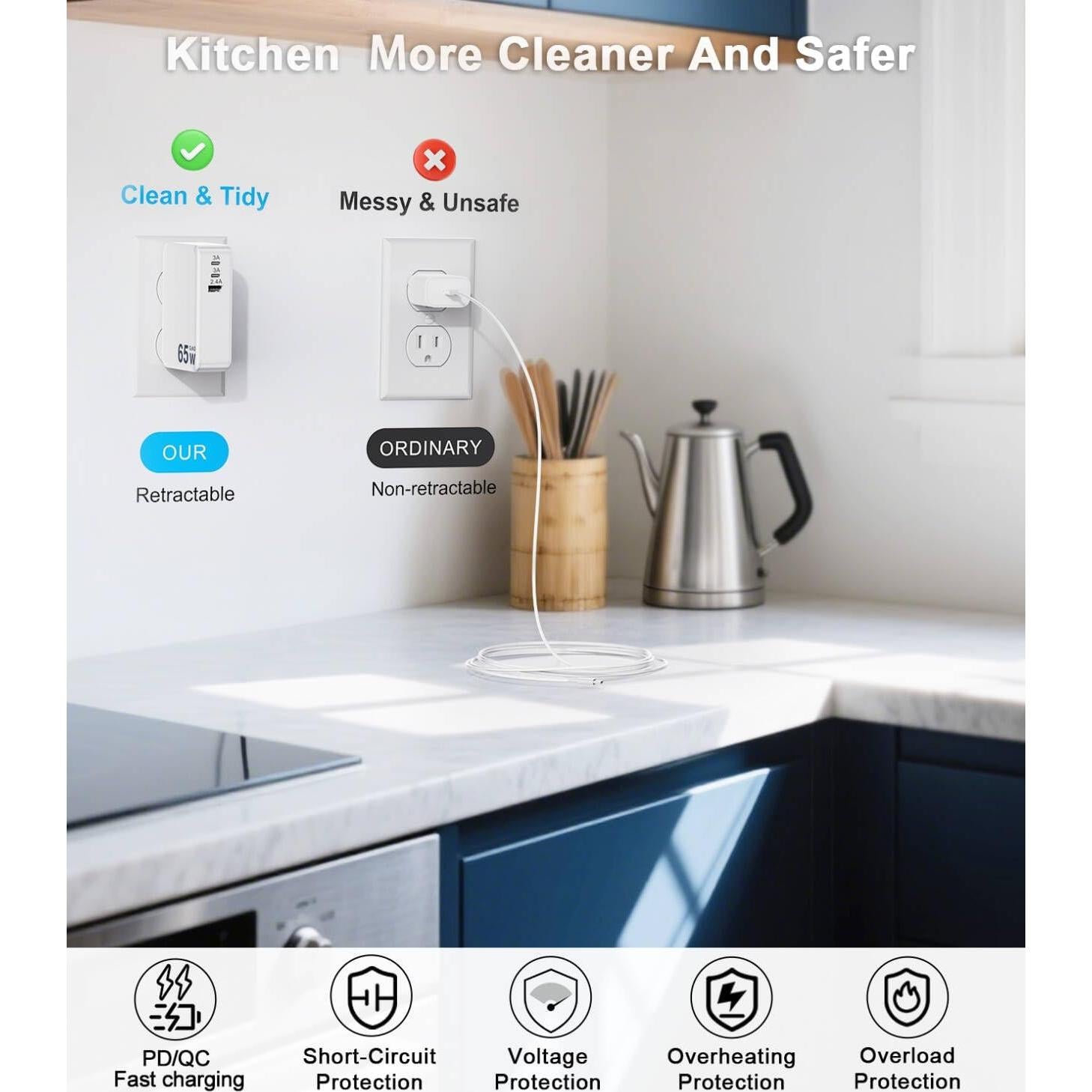 Cargador USB C Retráctil 65W 5 en 1 con Cables 1.18m