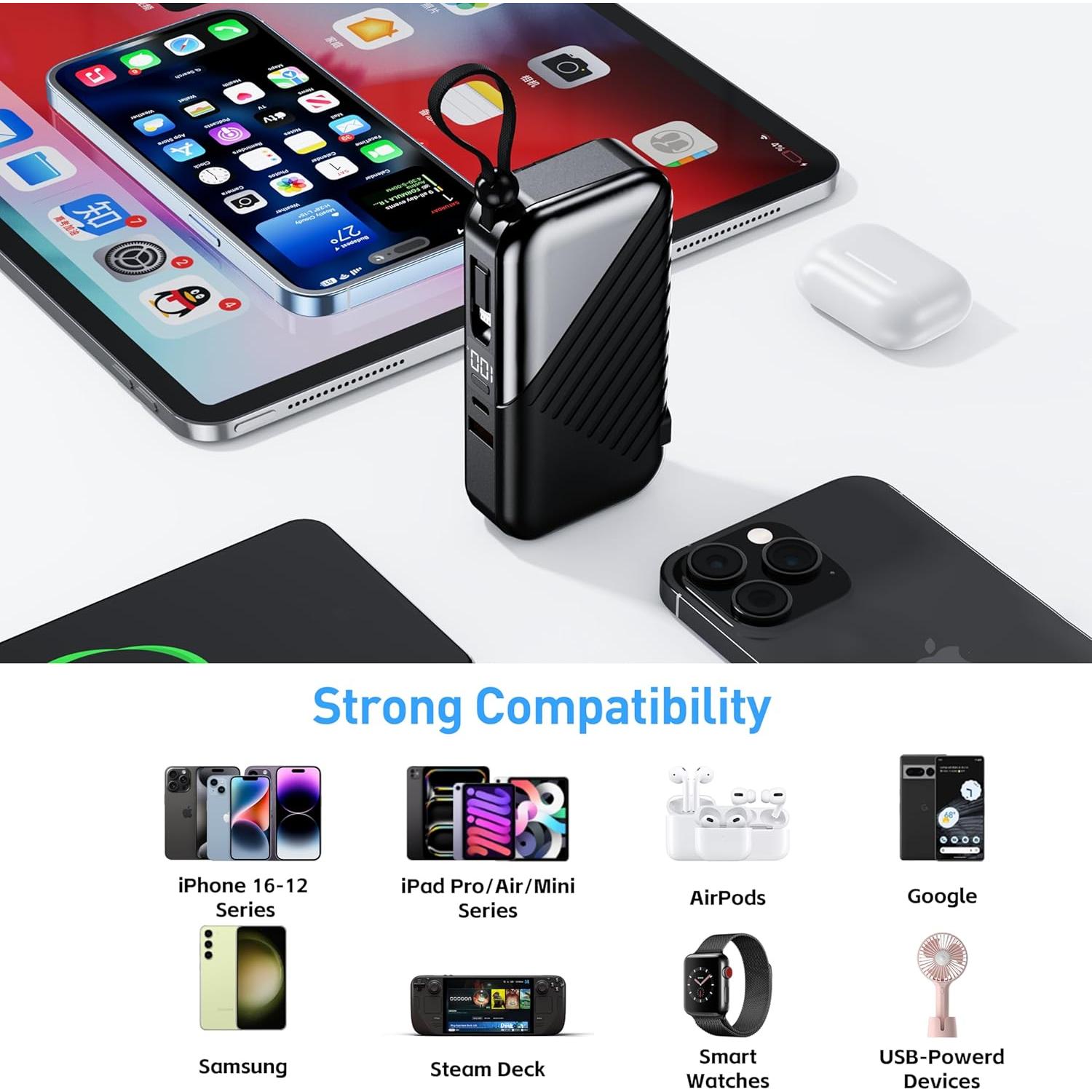 Cargador Portátil USB-C 10000mAh con Enchufe de Pared 27W