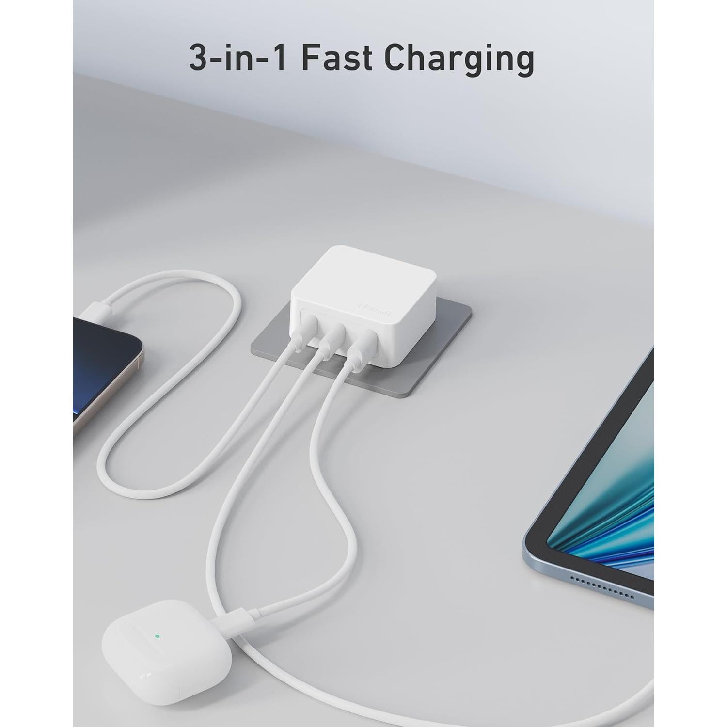 Cargador Rápido USB C Nekmit 67W 3 Puertos Blanco