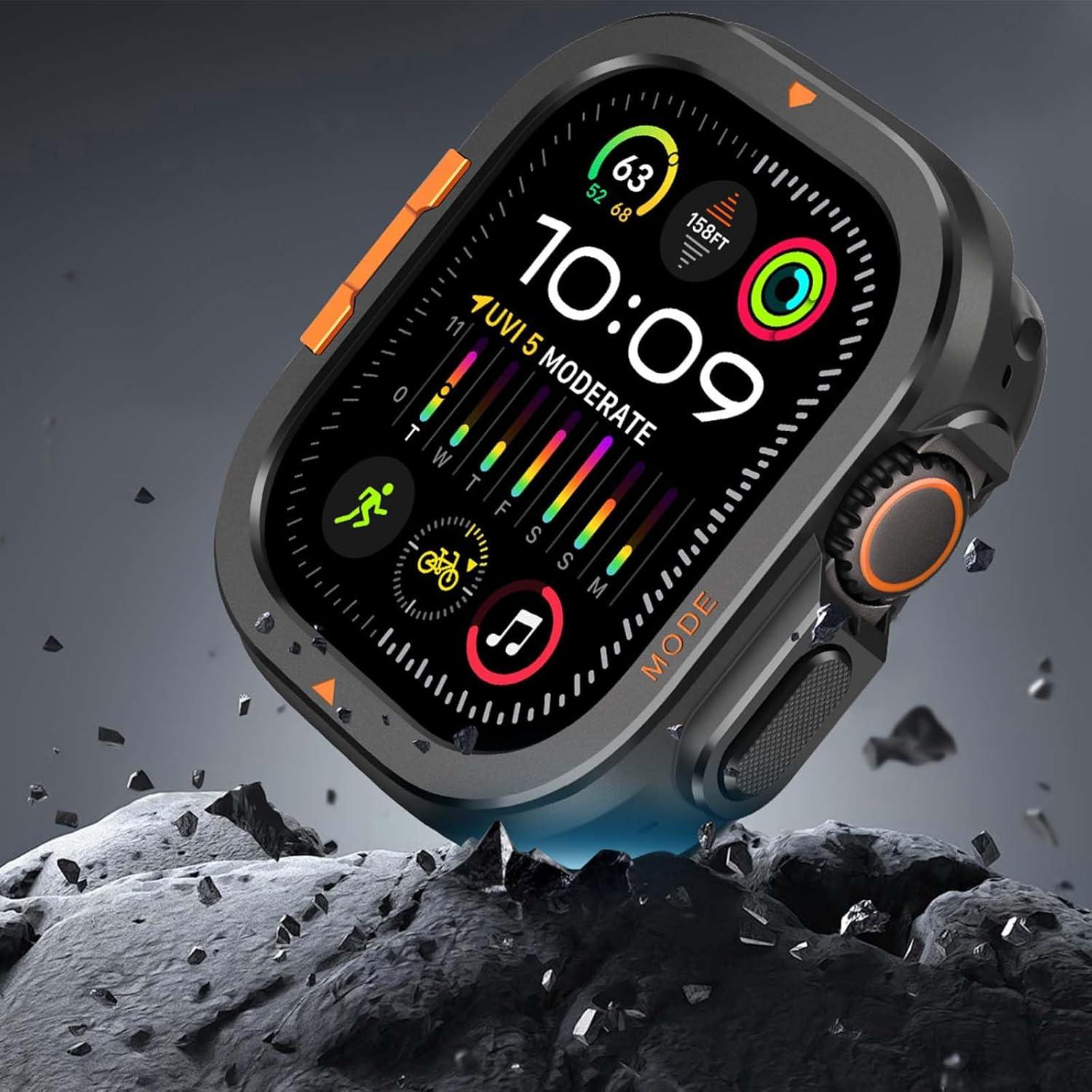 2 in-1 Metal Cover Compatible with Apple Watch Ultra 3/2/1 Case 49mm, Rugged Bumper with Back Protector for iWatch Ultra 49mm, Black