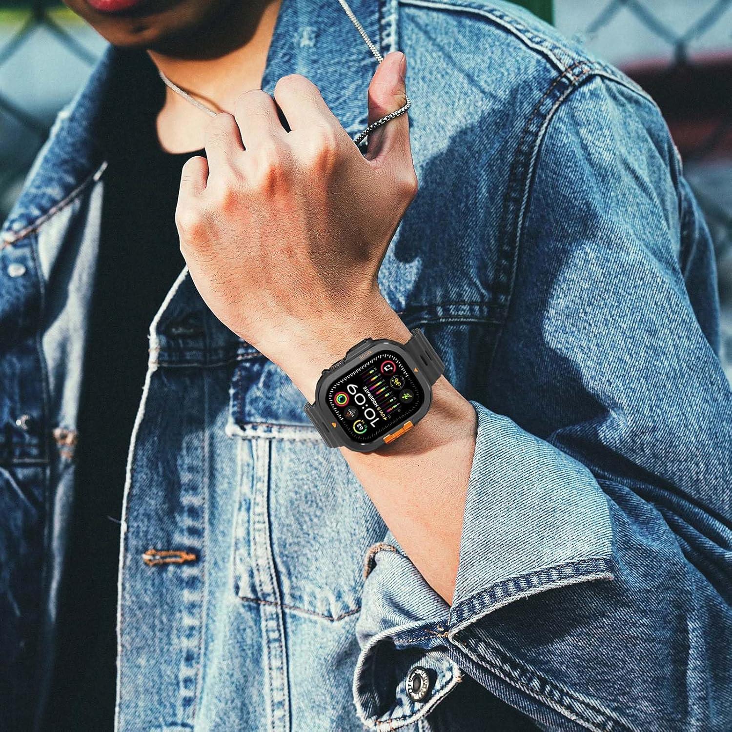 2 in-1 Metal Cover Compatible with Apple Watch Ultra 3/2/1 Case 49mm, Rugged Bumper with Back Protector for iWatch Ultra 49mm, Black