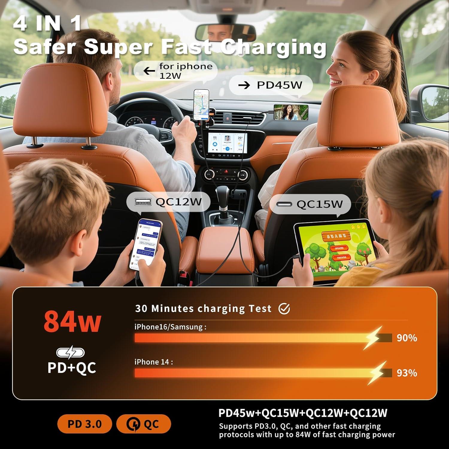 Cargador de Coche Retráctil Estbuc 84W 4 en 1 USB C Rápido