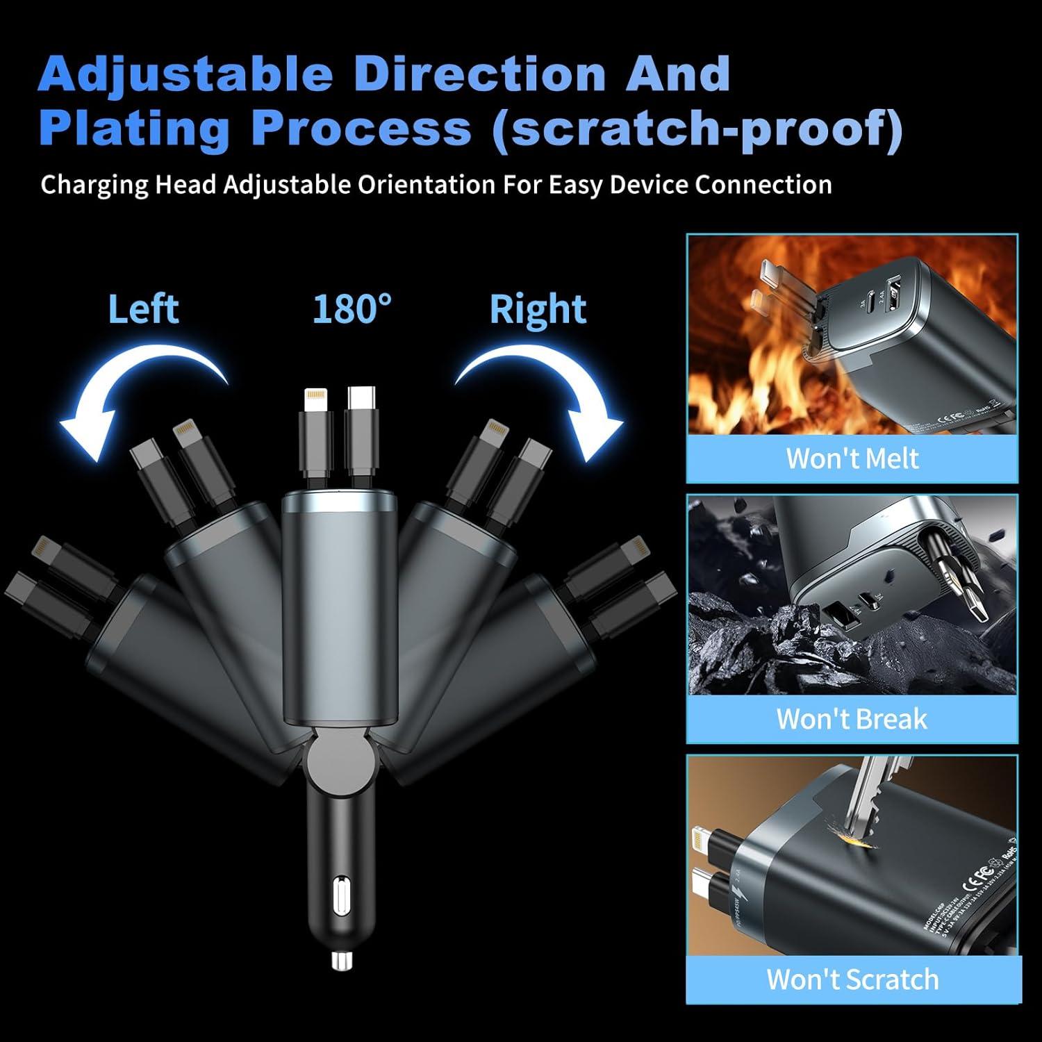 Cargador de Coche Retráctil Estbuc 84W 4 en 1 USB C Rápido