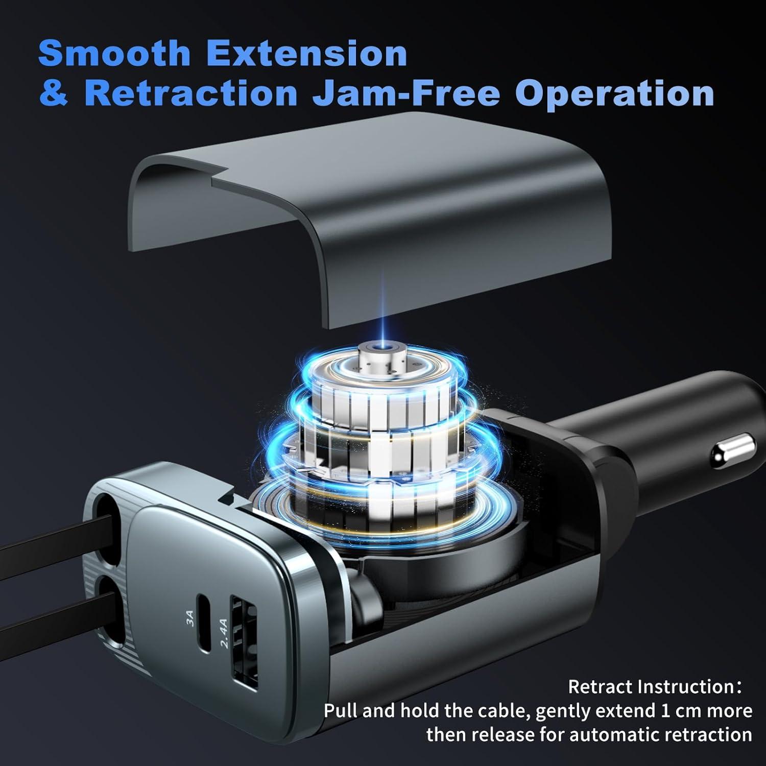 Cargador de Coche Retráctil Estbuc 84W 4 en 1 USB C Rápido