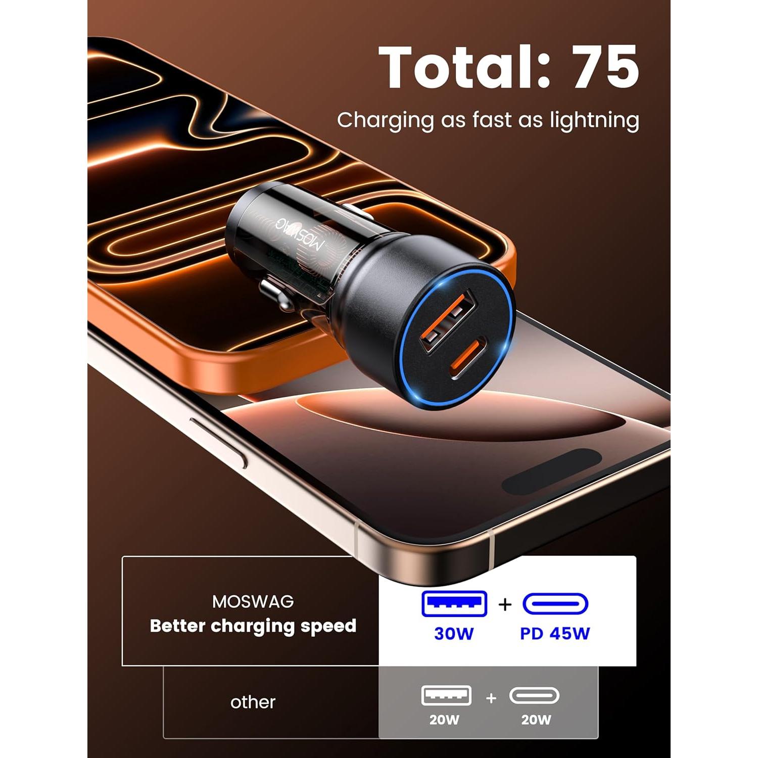 Cargador de Coche USB C MOSWAG 75W PD 45W Carga Rápida