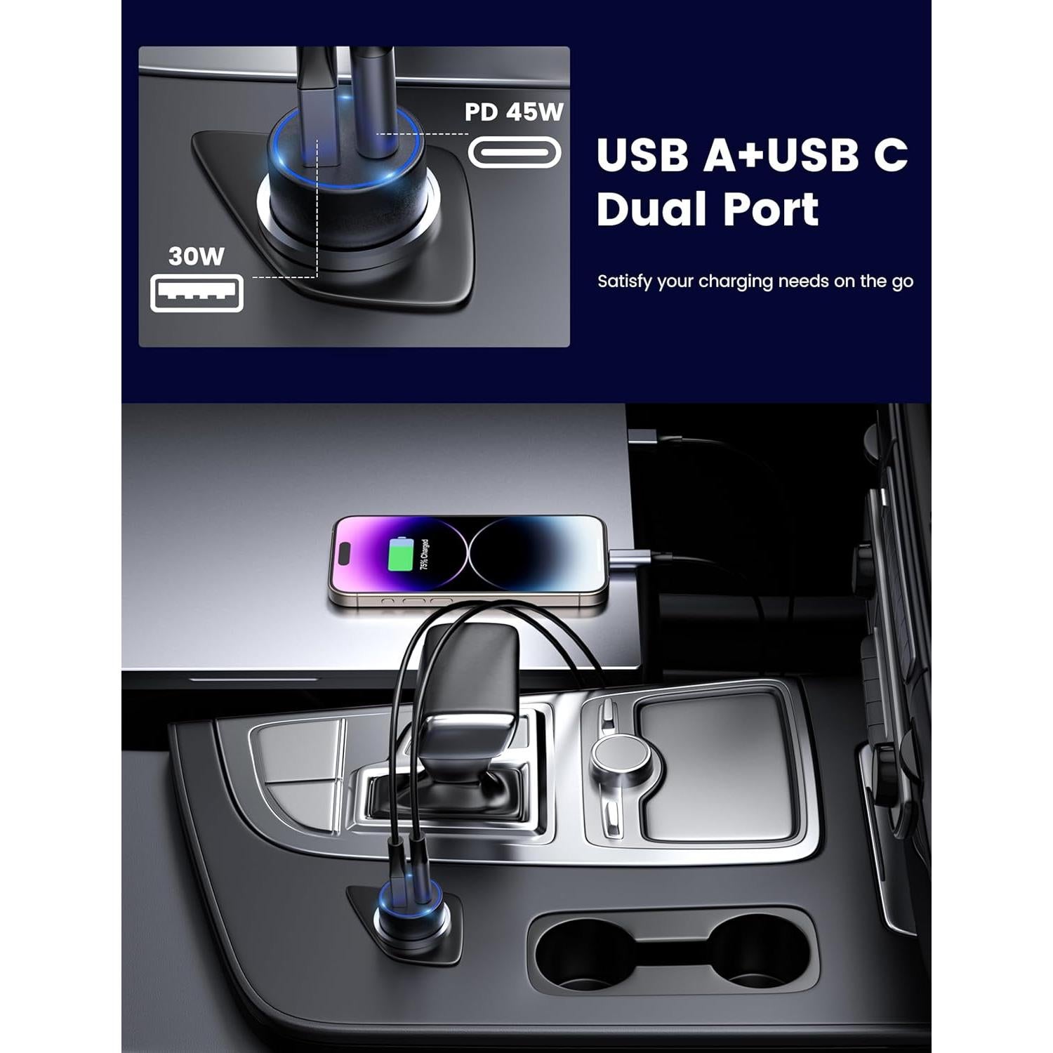 Cargador de Coche USB C MOSWAG 75W PD 45W Carga Rápida