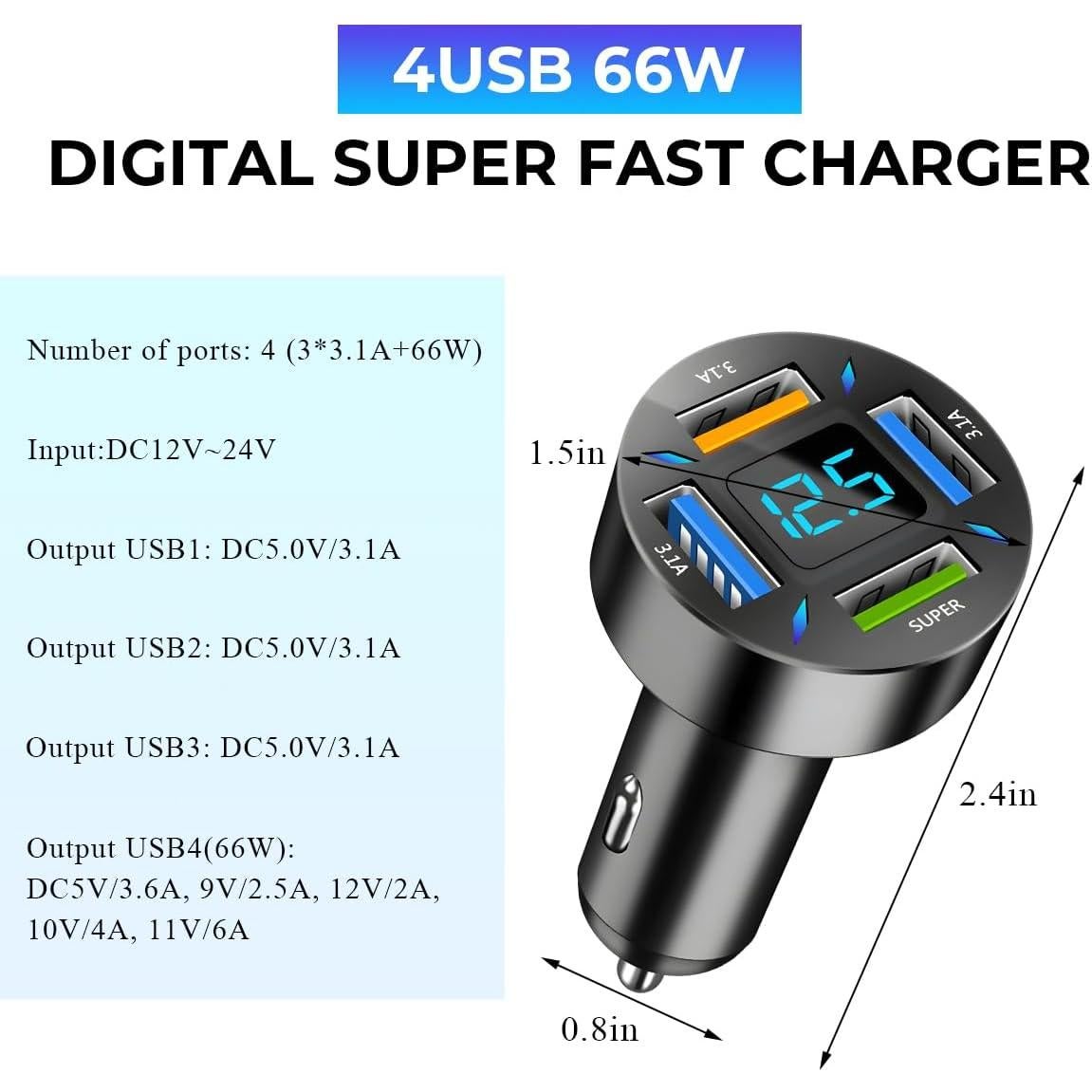 Cargador de Coche USB C Augeny 66W 4 Puertos Rápido