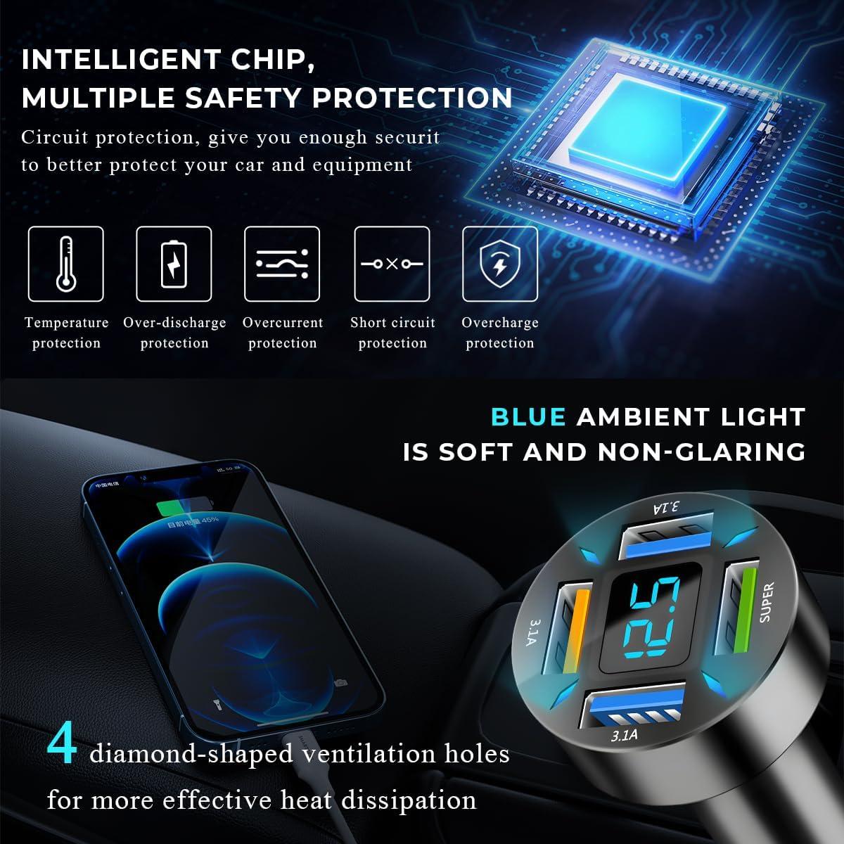 Cargador de Coche USB C Augeny 66W 4 Puertos Rápido