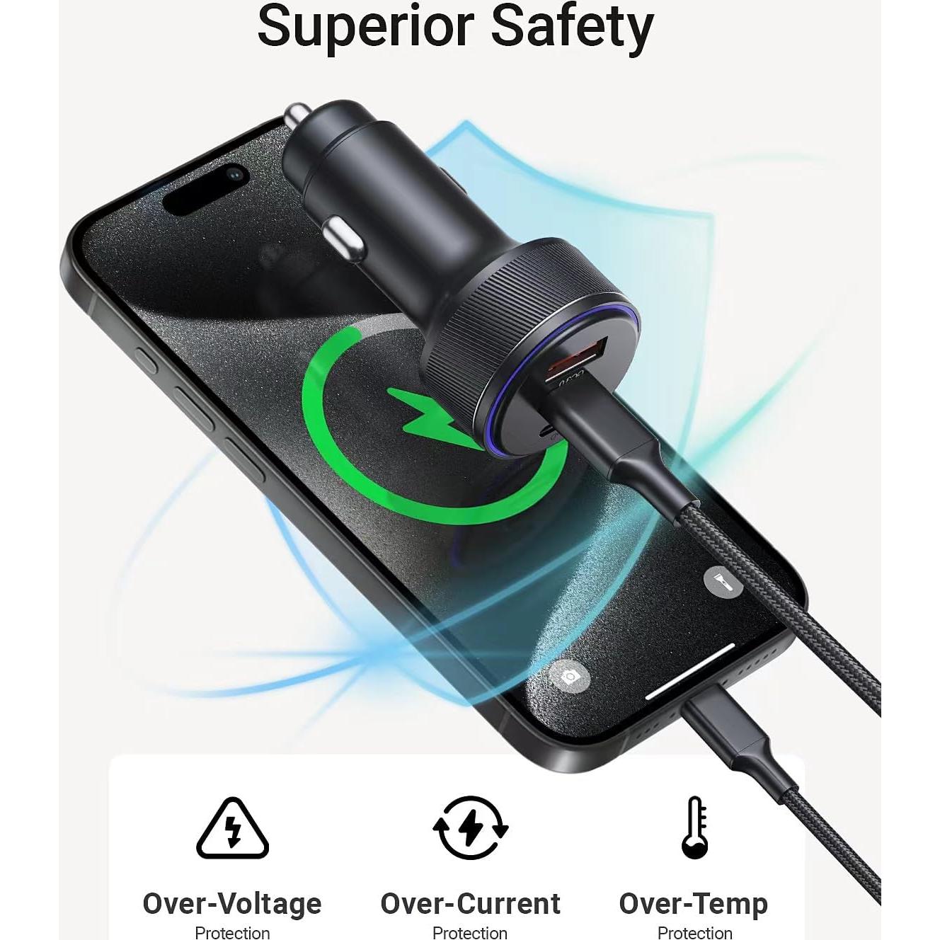 Cargador de coche AKNSN 90W USB-C y USB-A, carga rápida 3 puertos