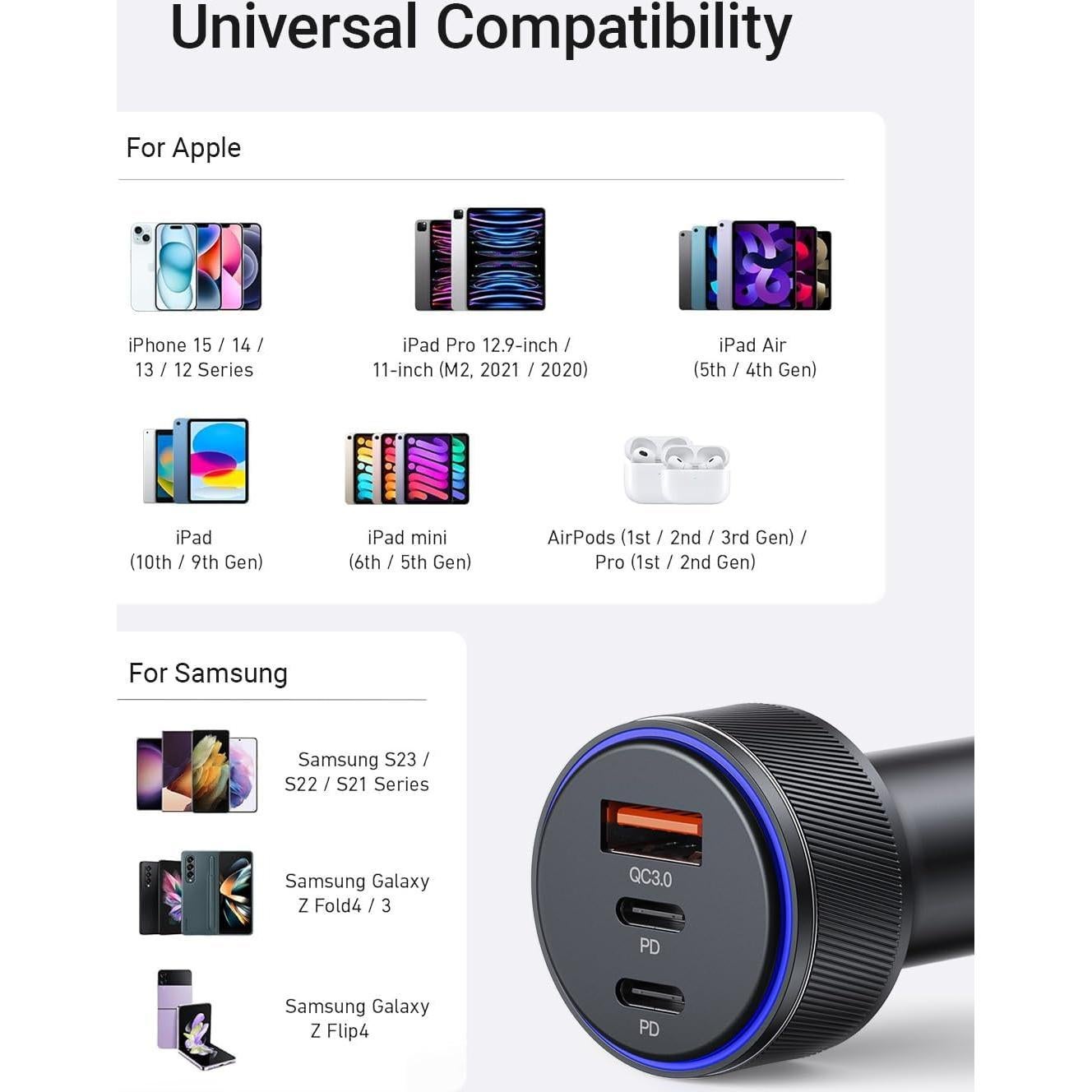 Cargador de coche AKNSN 90W USB-C y USB-A, carga rápida 3 puertos