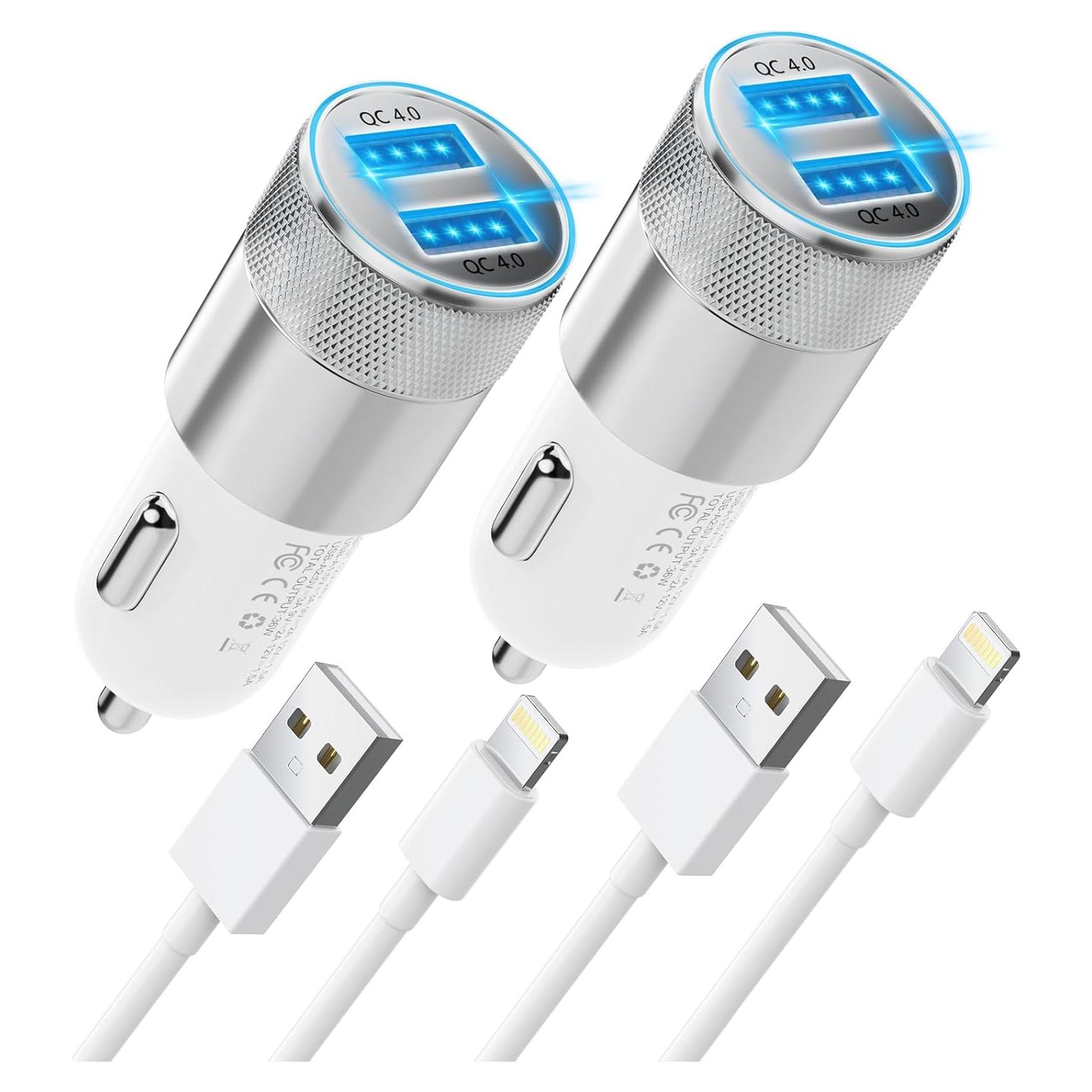 Cargador Rápido de Auto SNGOAM Dual USB 36W con 2 Cables Lightning
