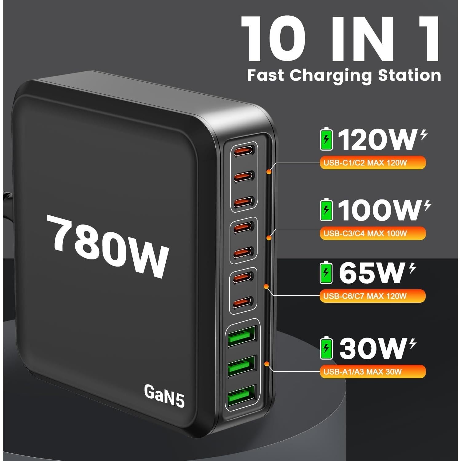 Estación de Carga Rápida 780W 10 Puertos USB C Dongguan