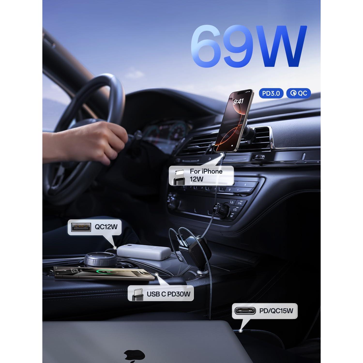 Cargador de Coche Retráctil EWITGO 69W USB C y A 4 en 1