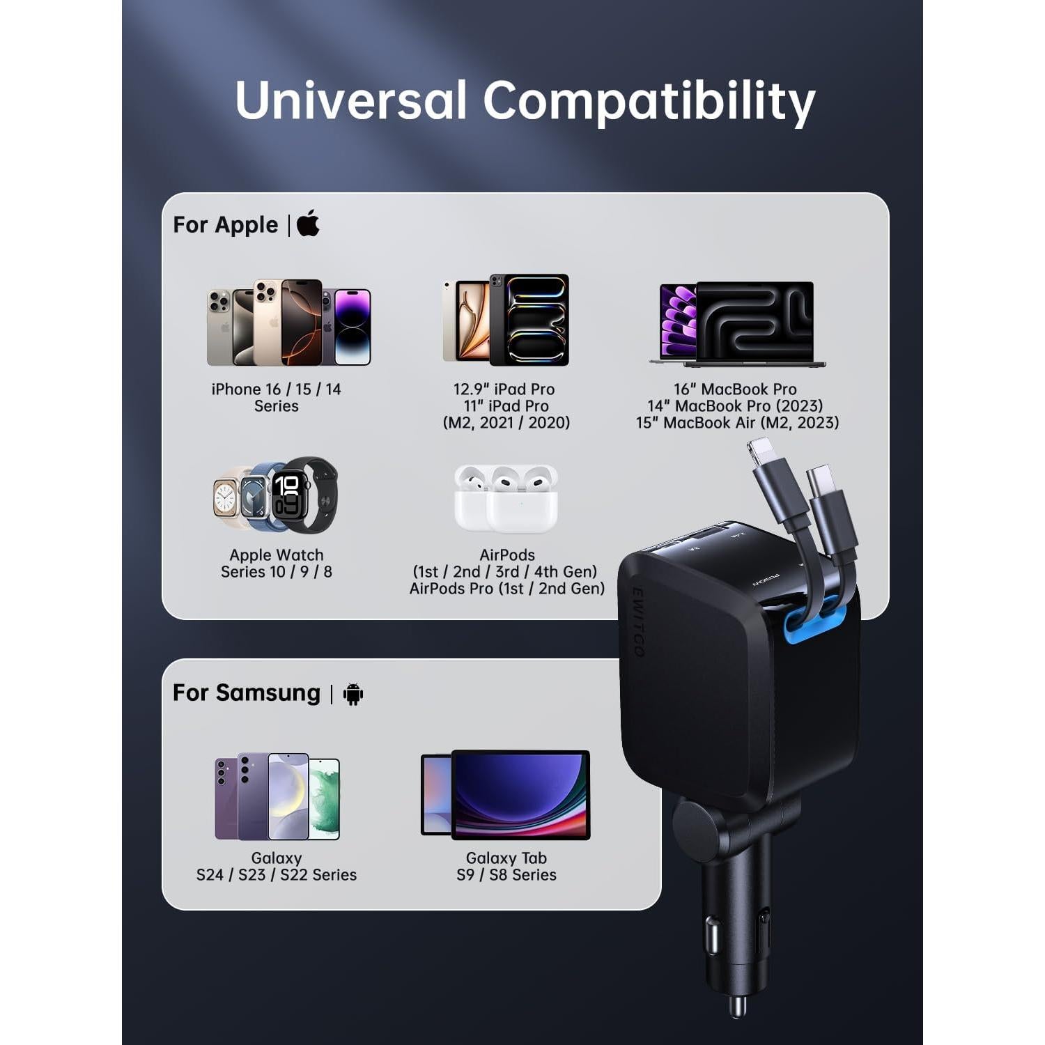 Cargador de Coche Retráctil EWITGO 69W USB C y A 4 en 1