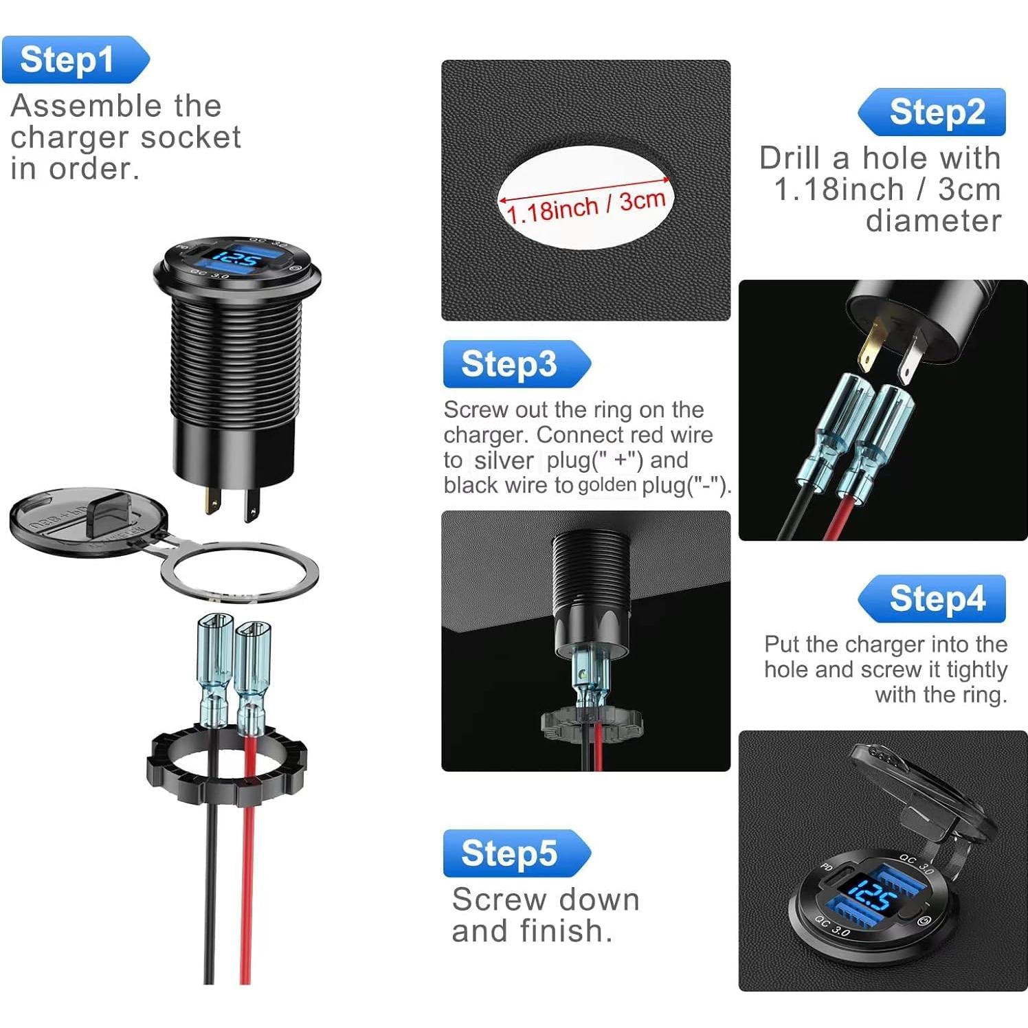 Cargador de coche Hapytrip USB 3.0 con voltímetro 12V
