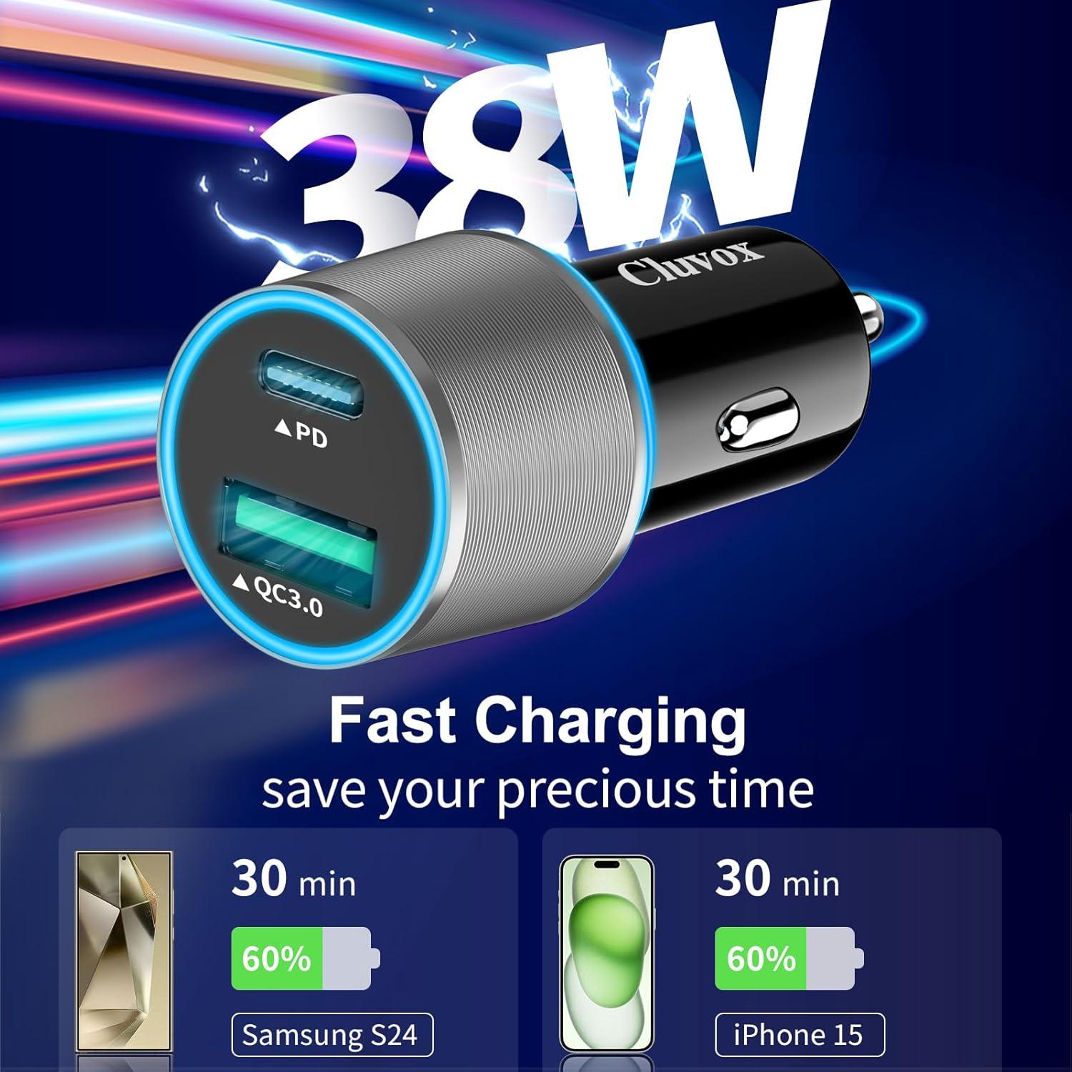 Paquete de 2 Cargadores de Coche USB C 38W Cluvox con Cables