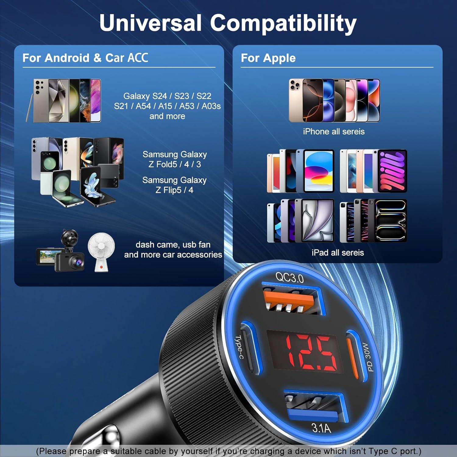 Cargador de coche Besgoods 65W 4 puertos USB C/A carga rápida