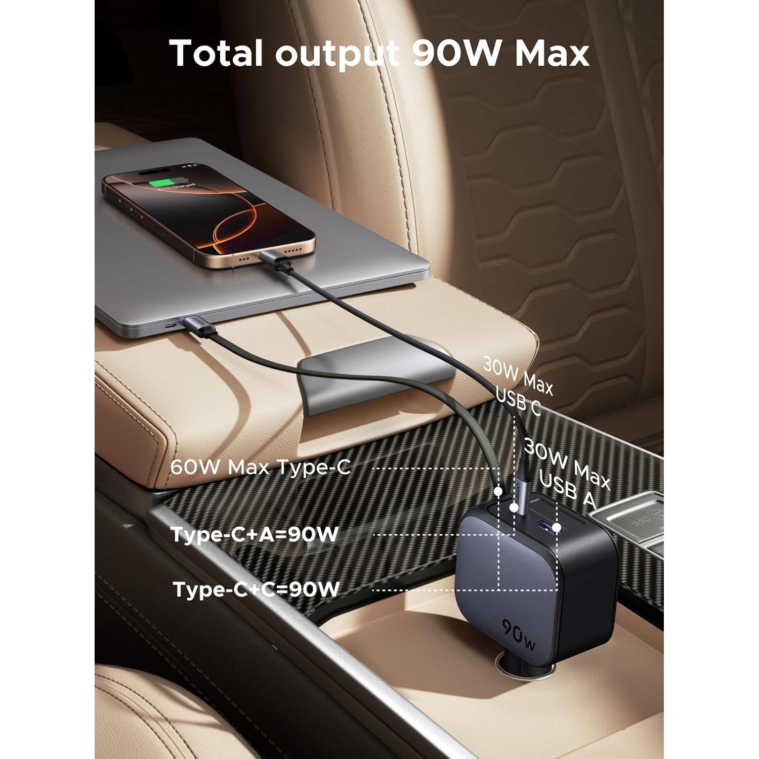 Cargador de Coche UGREEN 90W USB-C Retráctil 3 Puertos