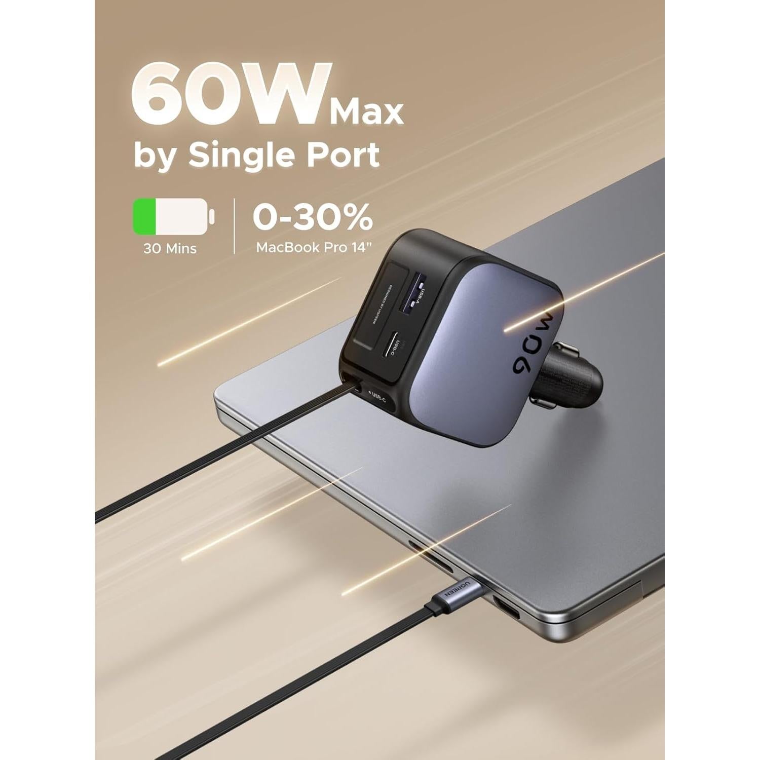 Cargador de Coche UGREEN 90W USB-C Retráctil 3 Puertos