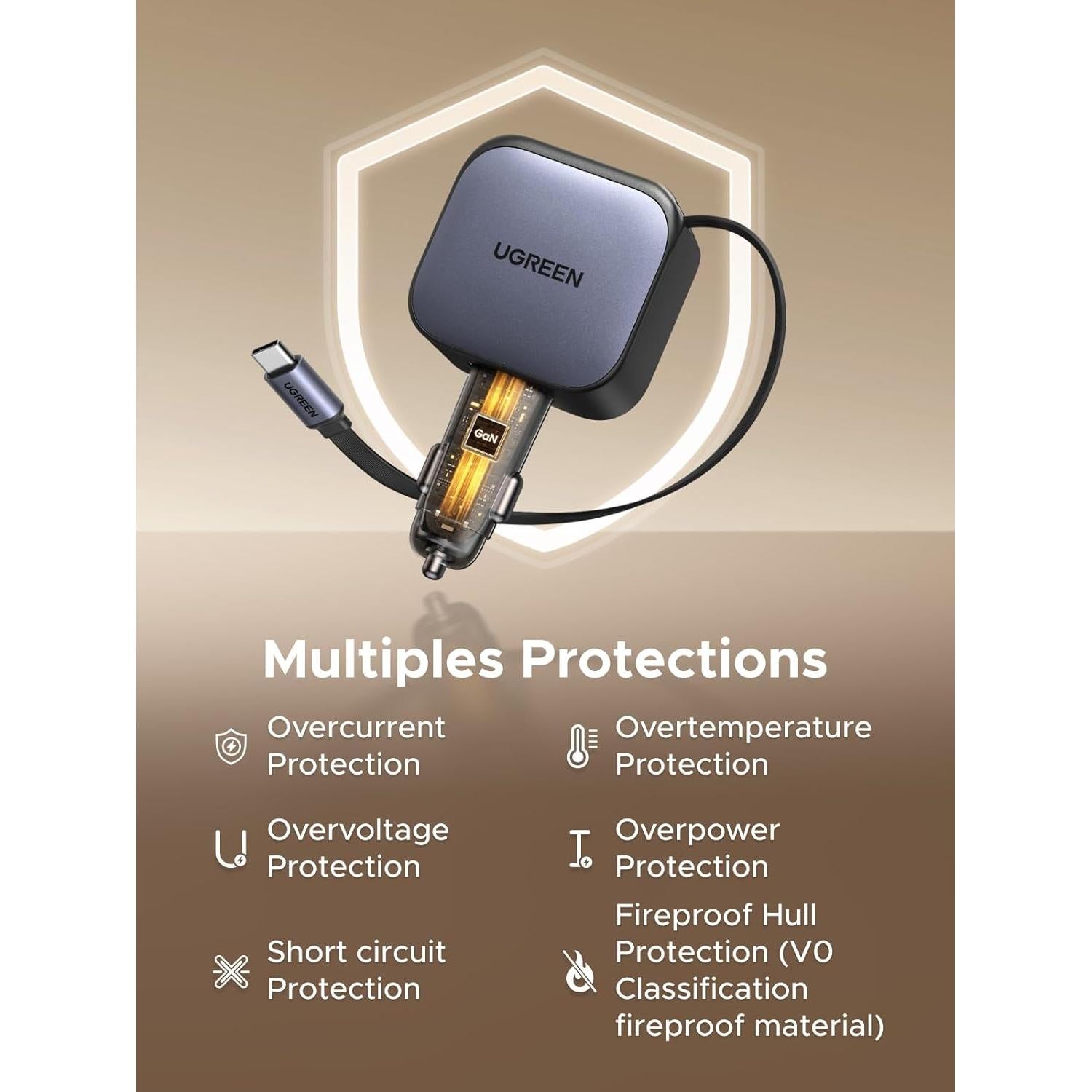 Cargador de Coche UGREEN 90W USB-C Retráctil 3 Puertos