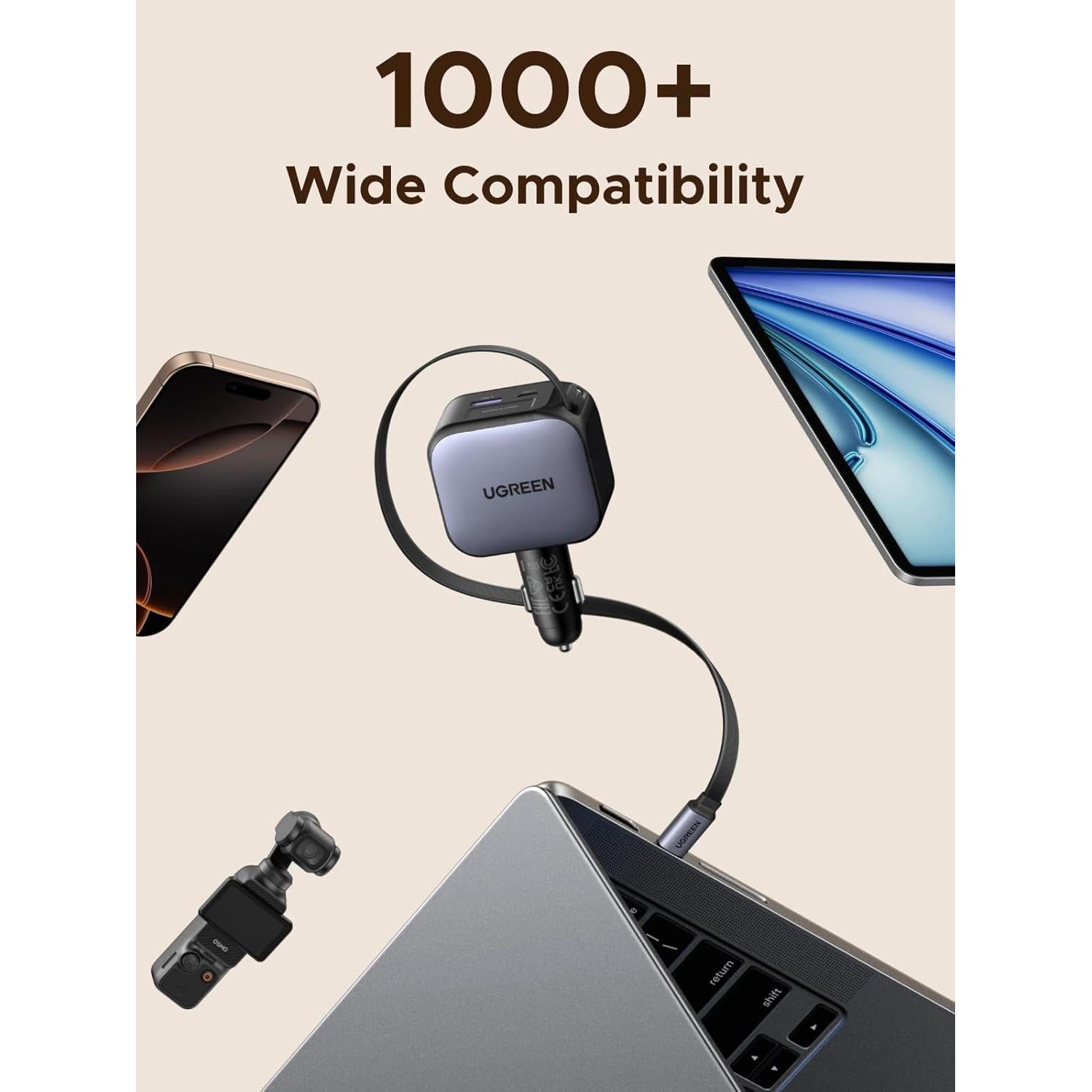 Cargador de Coche UGREEN 90W USB-C Retráctil 3 Puertos