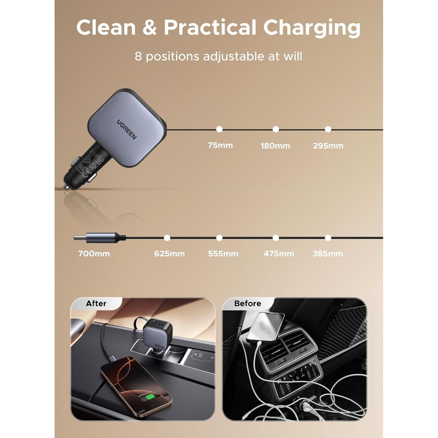 Cargador de Coche UGREEN 90W USB-C Retráctil 3 Puertos