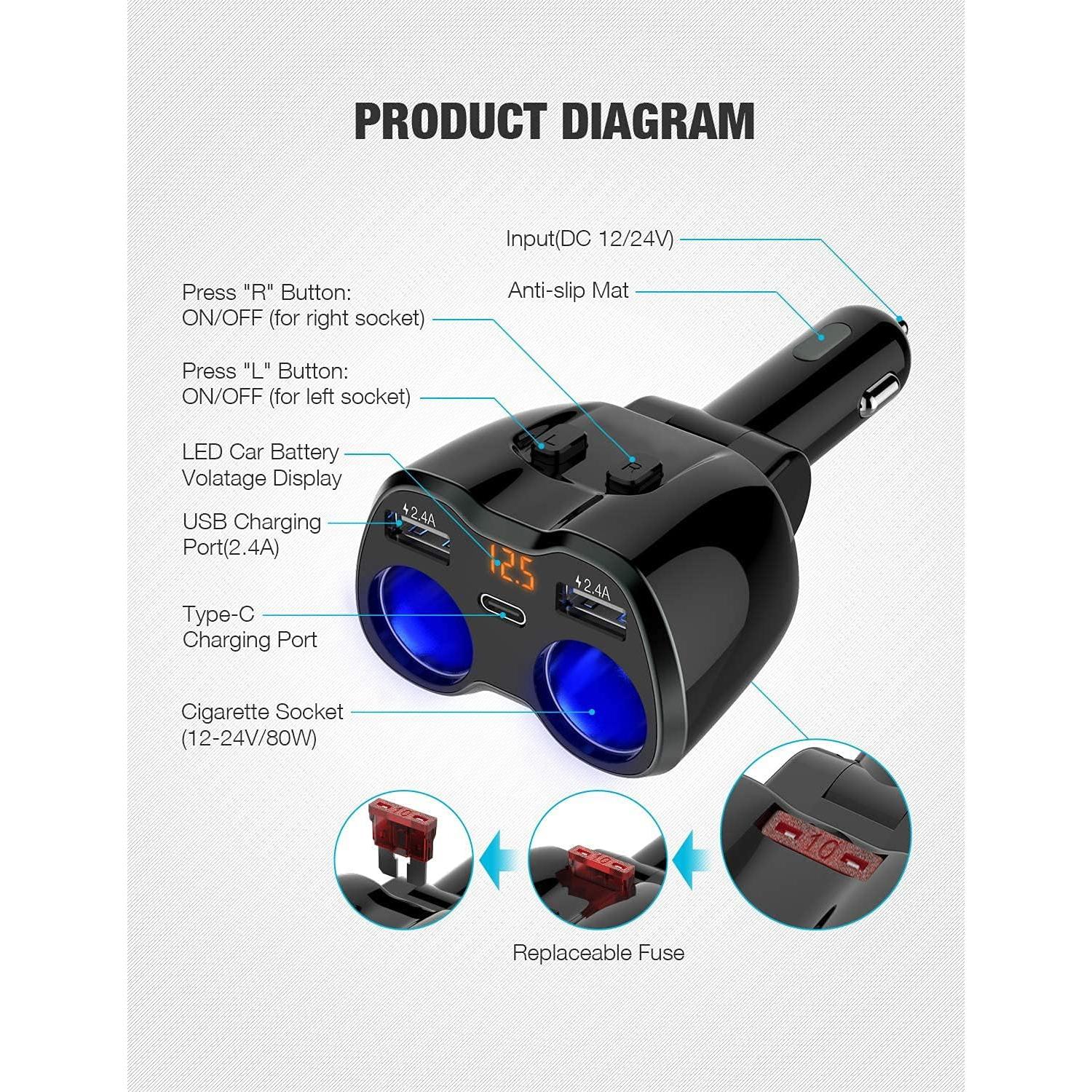 Cargador de Coche Otium 80W USB C y 2 Tomas 12/24V