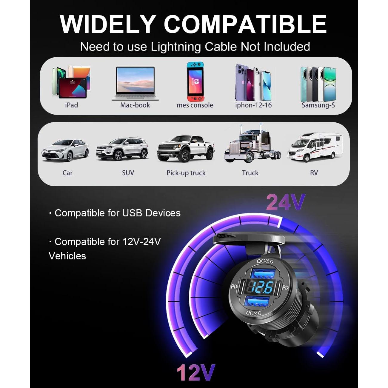 Cargador Rápido USB 12V Yuyao Erwen PD3.0 QC3.0 78W