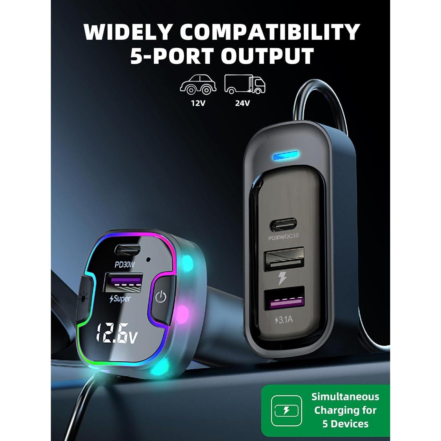 Cargador de coche USB rápido 5 puertos 120W PD/QC Dongguan