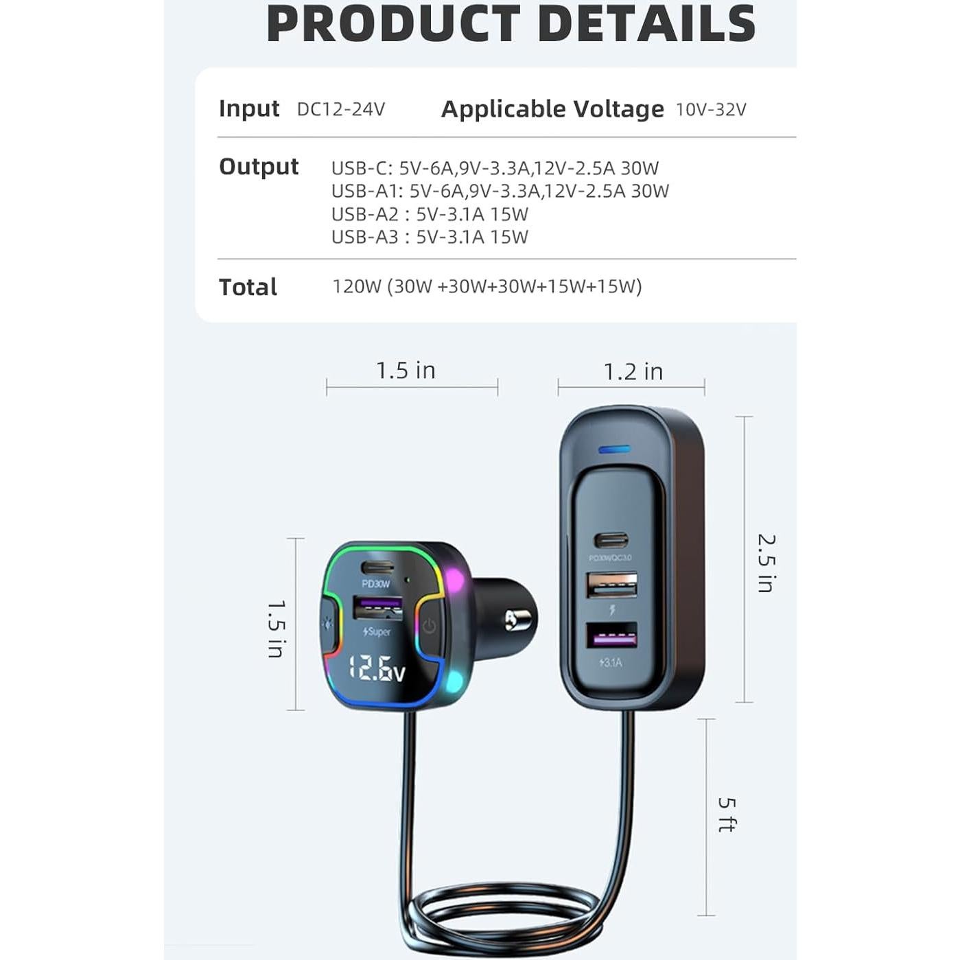 Cargador de coche USB rápido 5 puertos 120W PD/QC Dongguan
