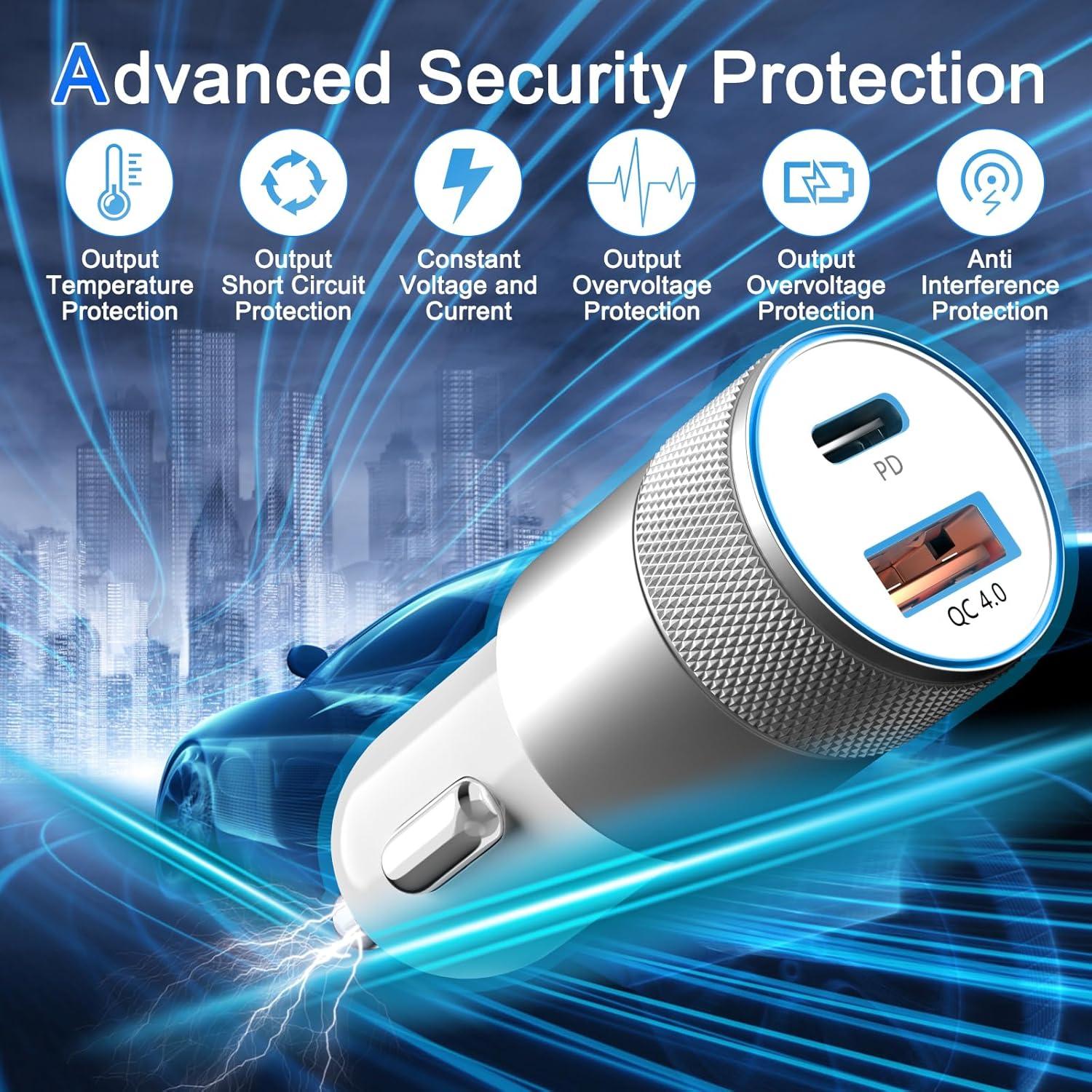 Cargador Rápido de Coche PAIMIAN 48W USB-C y USB-A con 2 Cables