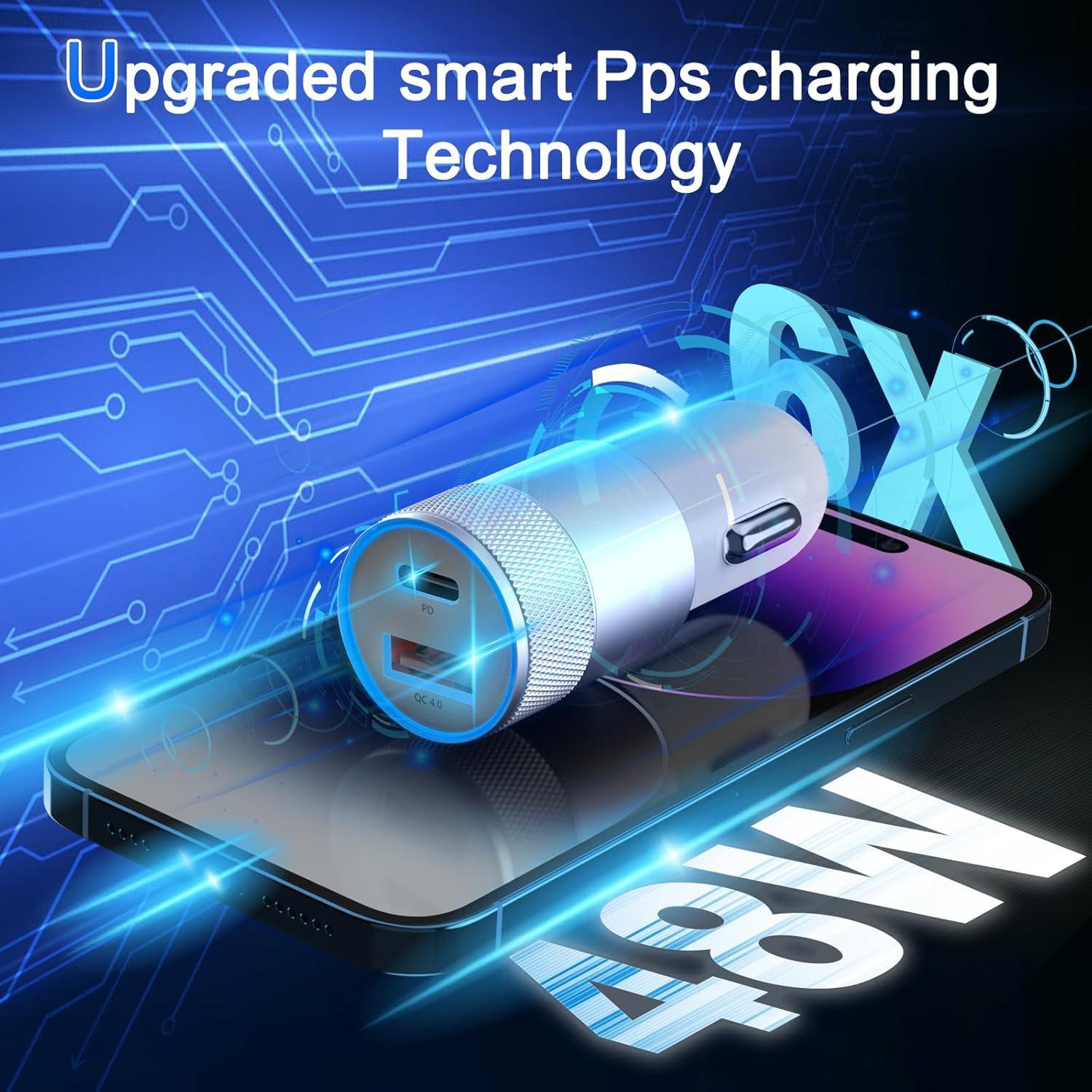 Cargador Rápido de Coche PAIMIAN 48W USB-C y USB-A con 2 Cables